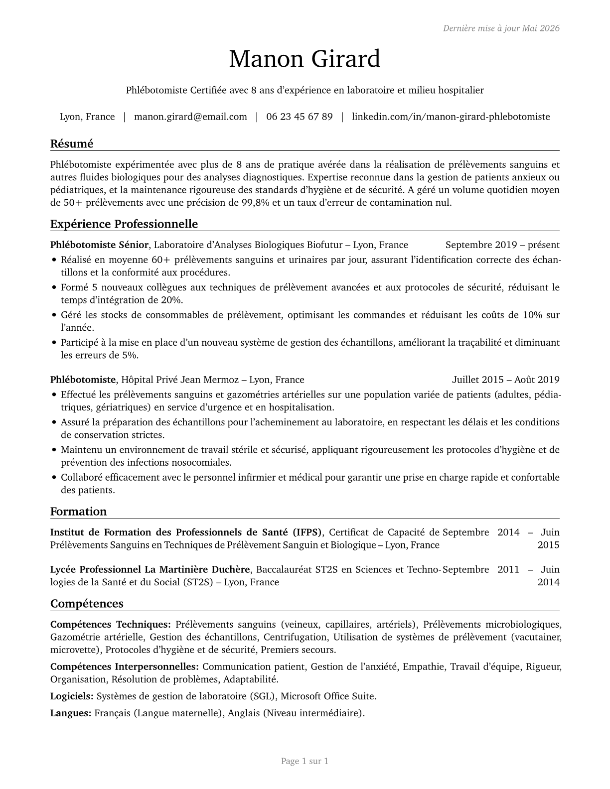 Phlebotomists CV in French — page 1