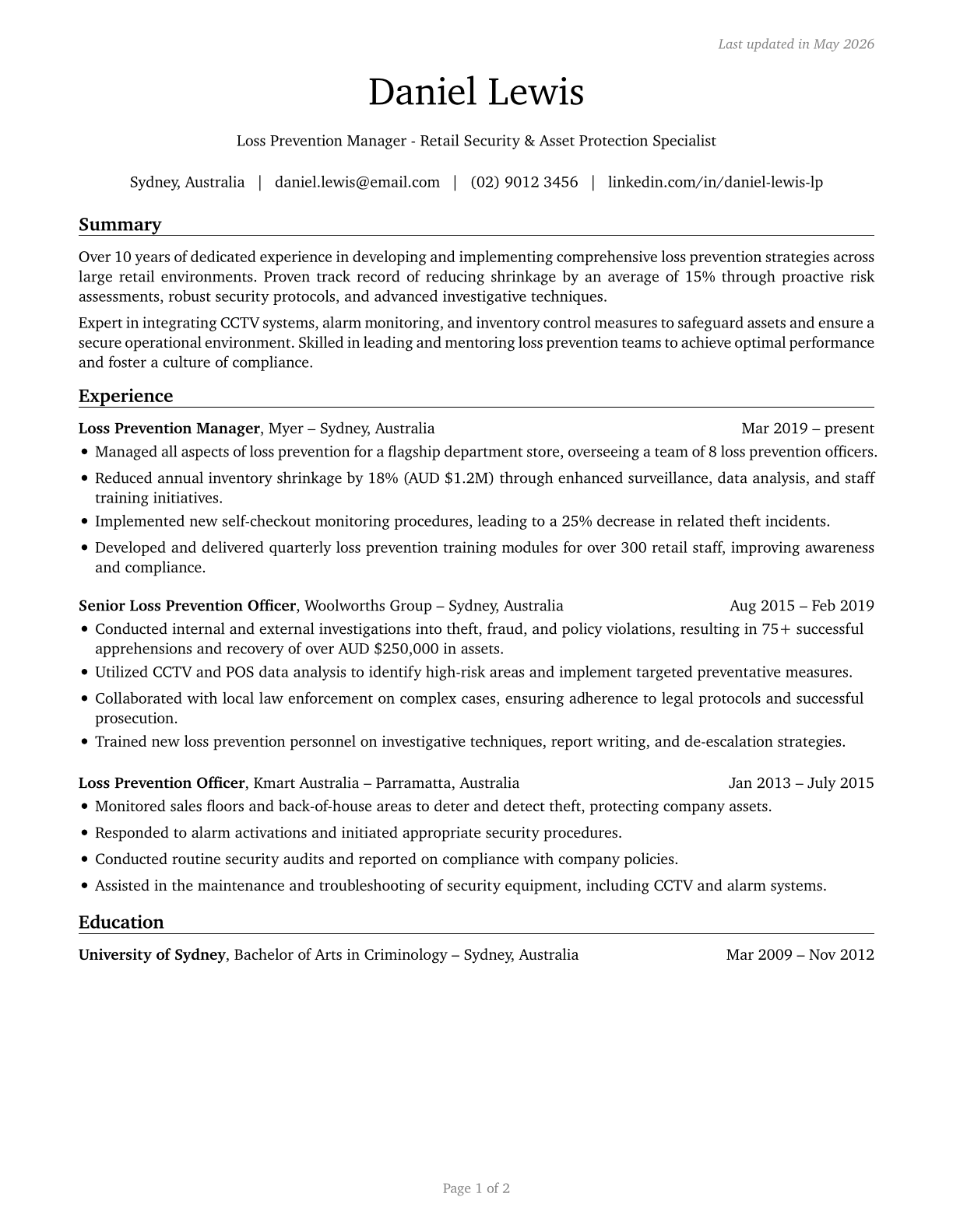 Loss Prevention Managers CV in English — page 1