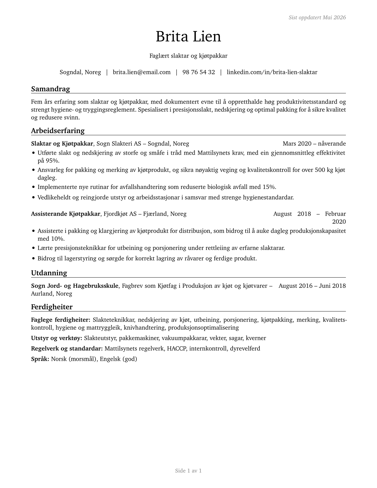 Slaughterers and Meat Packers CV in Norwegian_nynorsk — page 1