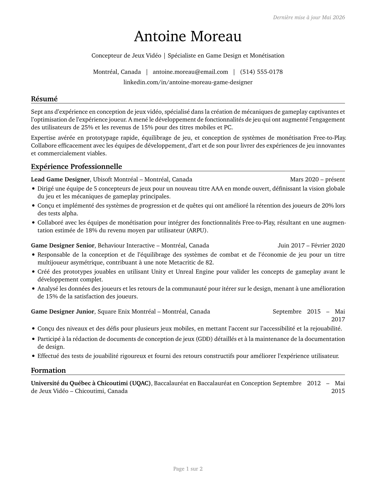 Video Game Designers CV in French — page 1