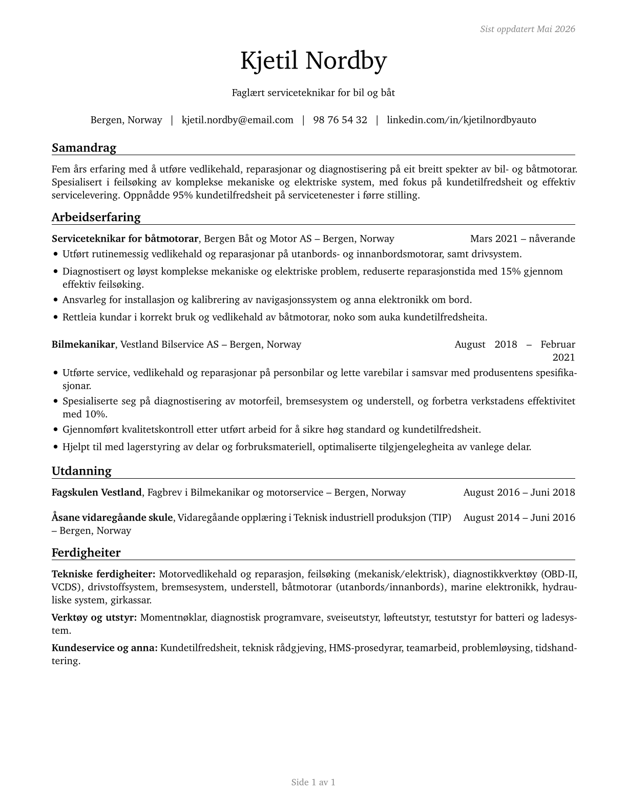 Automotive and Watercraft Service Attendants CV in Norwegian_nynorsk — page 1