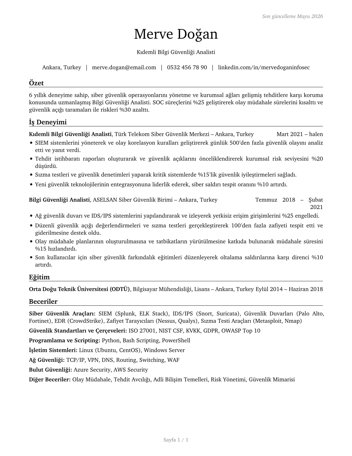 Information Security Analysts CV in Turkish — page 1