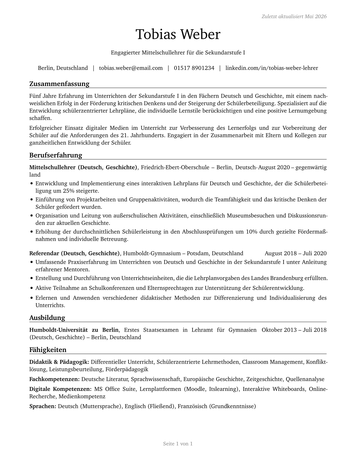Middle School Teachers, Except Special and Career/Technical Education CV in German — page 1