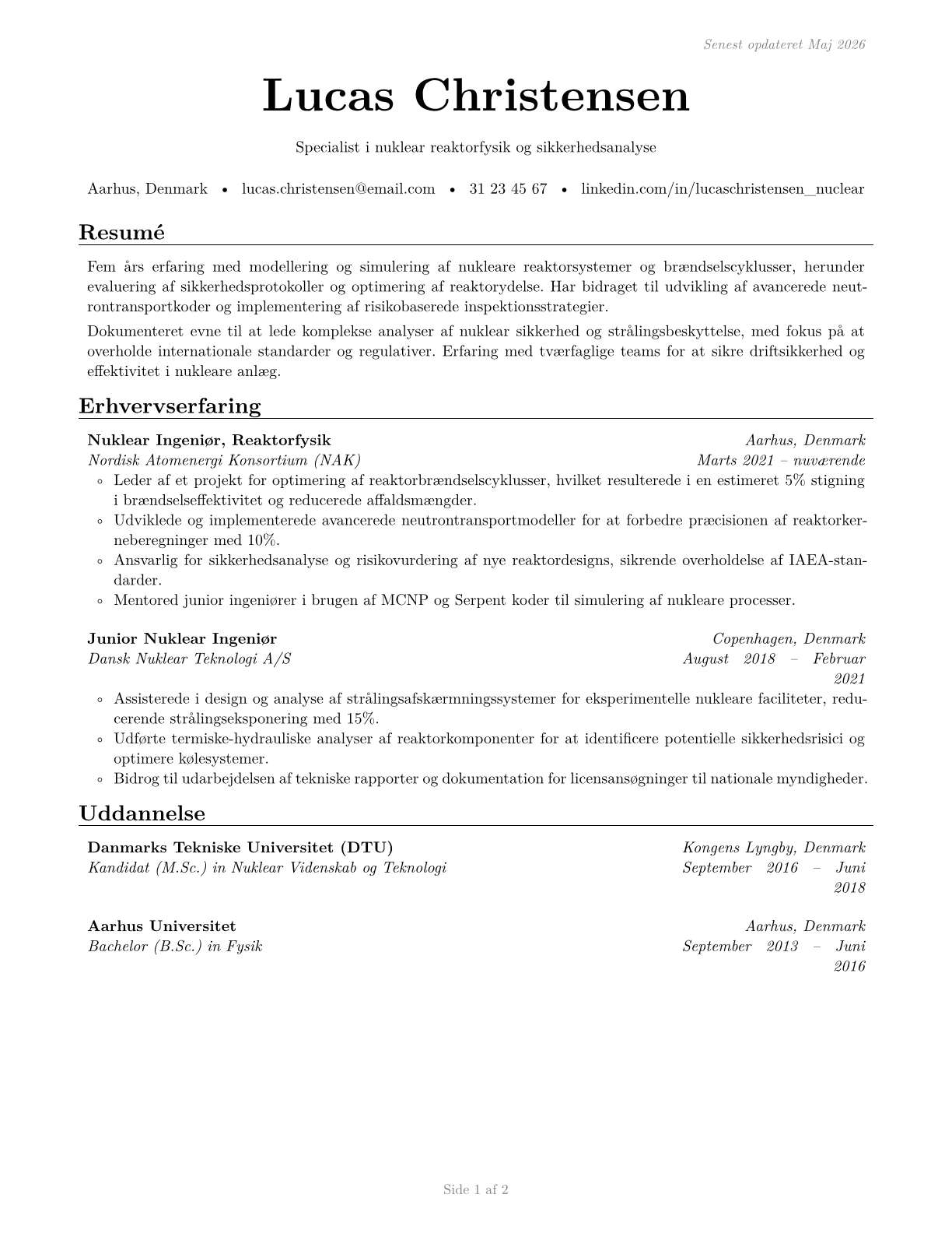 Nuclear Engineers CV in Danish — page 1