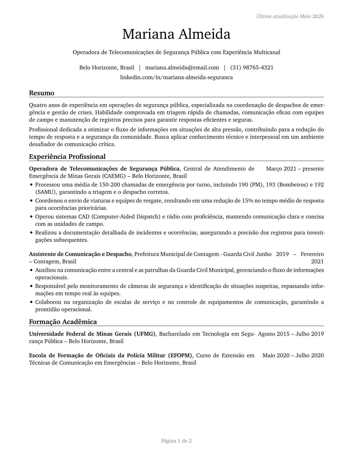 Public Safety Telecommunicators CV in Portuguese — page 1