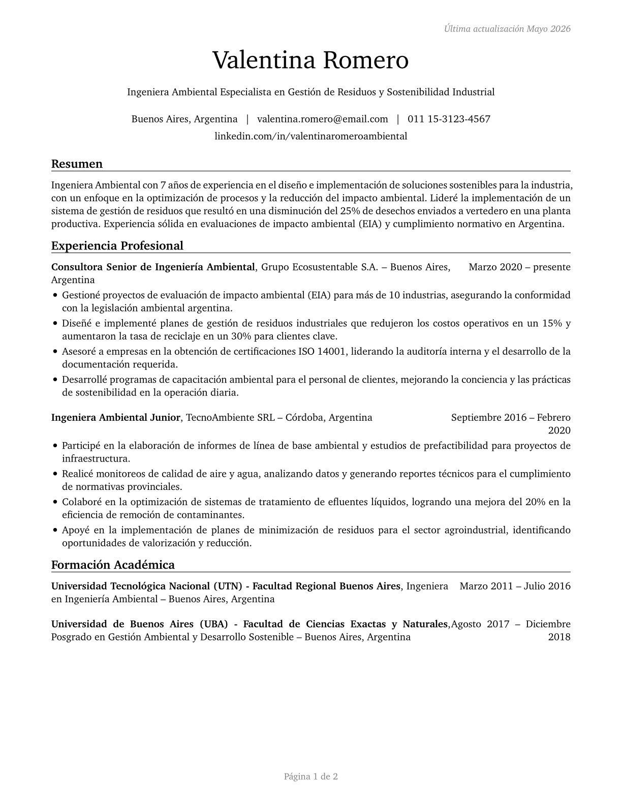 Environmental Engineers CV in Spanish — page 1