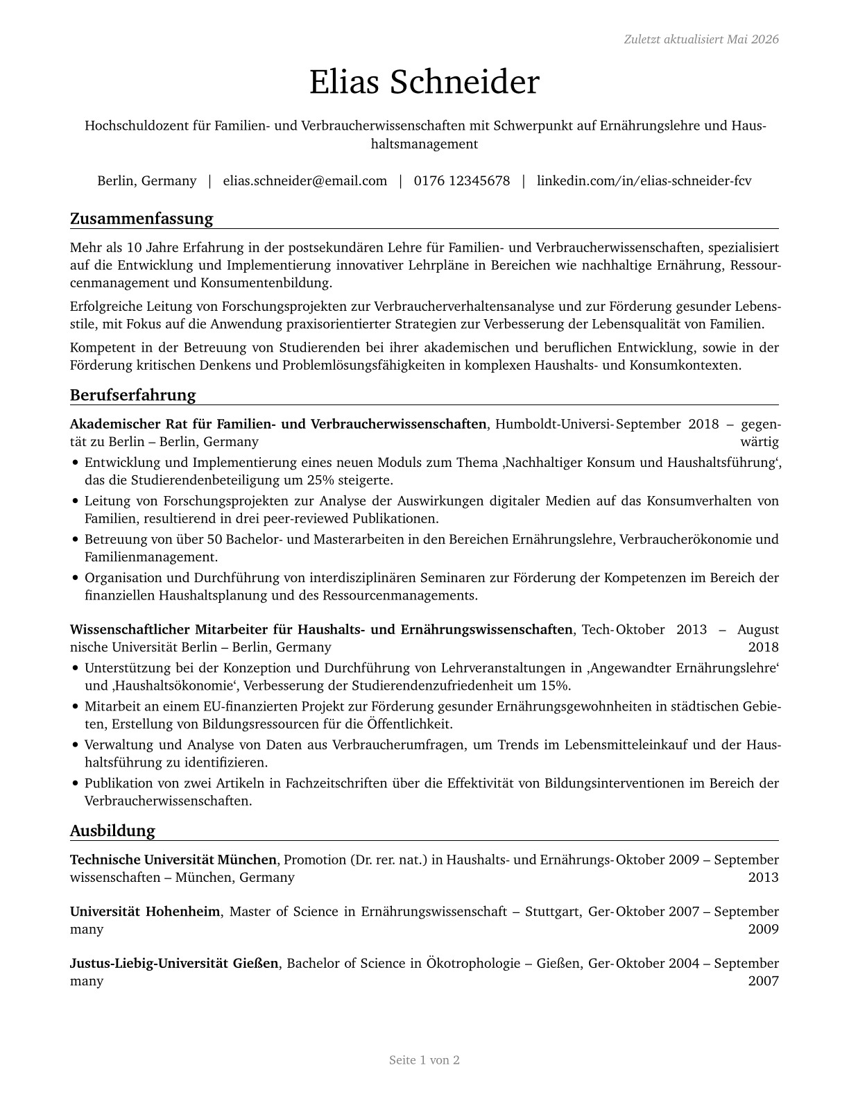 Family and Consumer Sciences Teachers, Postsecondary CV in German — page 1