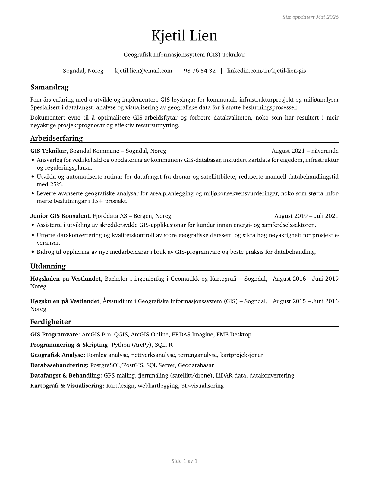 Geographic Information Systems Technologists and Technicians CV in Norwegian_nynorsk — page 1