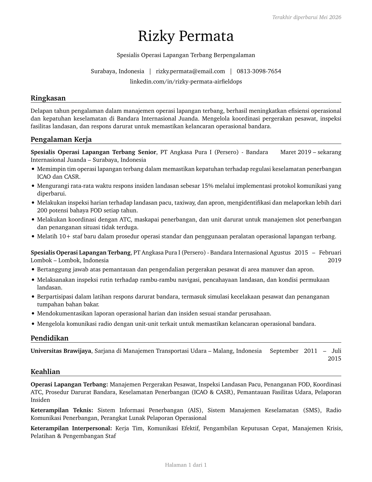 Airfield Operations Specialists CV in Indonesian — page 1