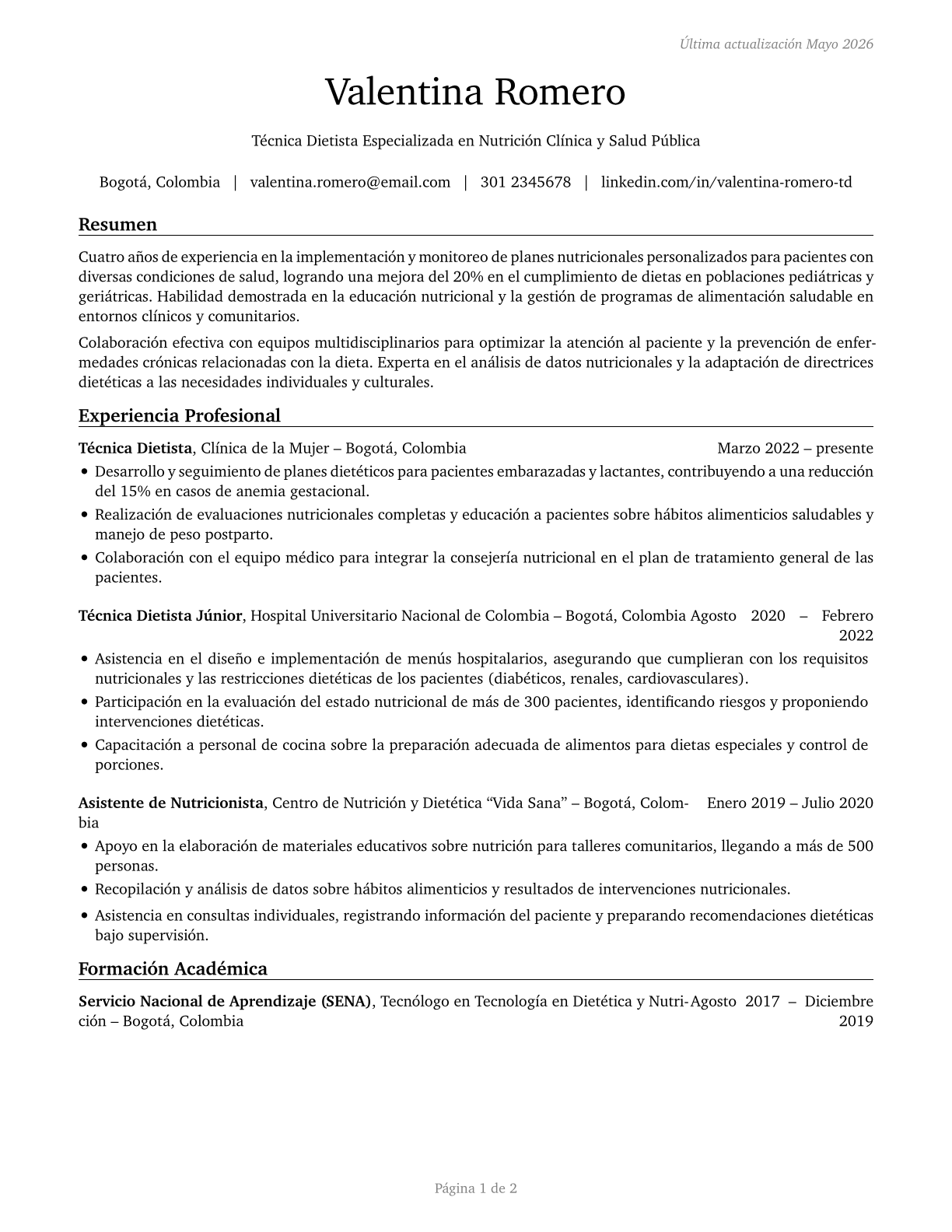 Dietetic Technicians CV in Spanish — page 1