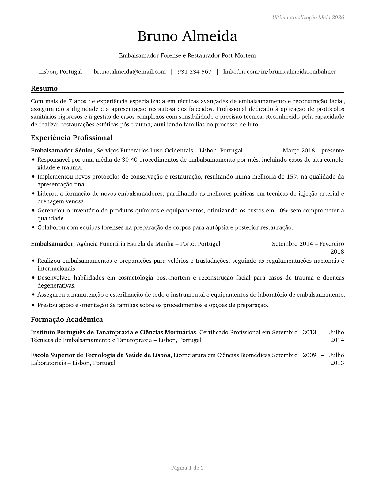 Embalmers CV in Portuguese — page 1