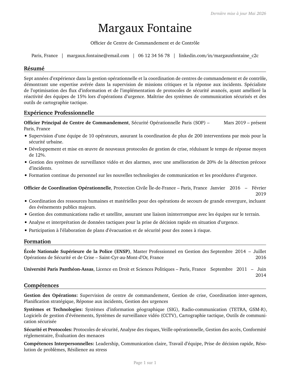 Command and Control Center Officers CV in French — page 1