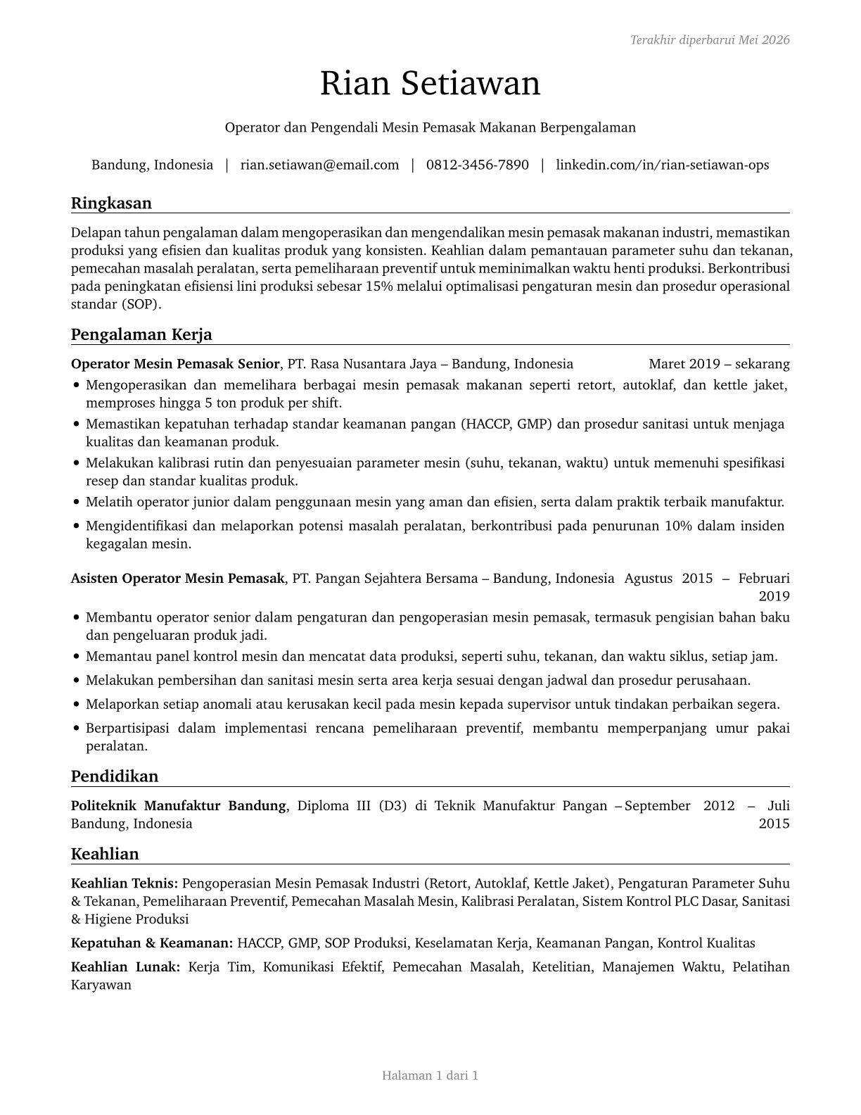 Food Cooking Machine Operators and Tenders CV in Indonesian — page 1