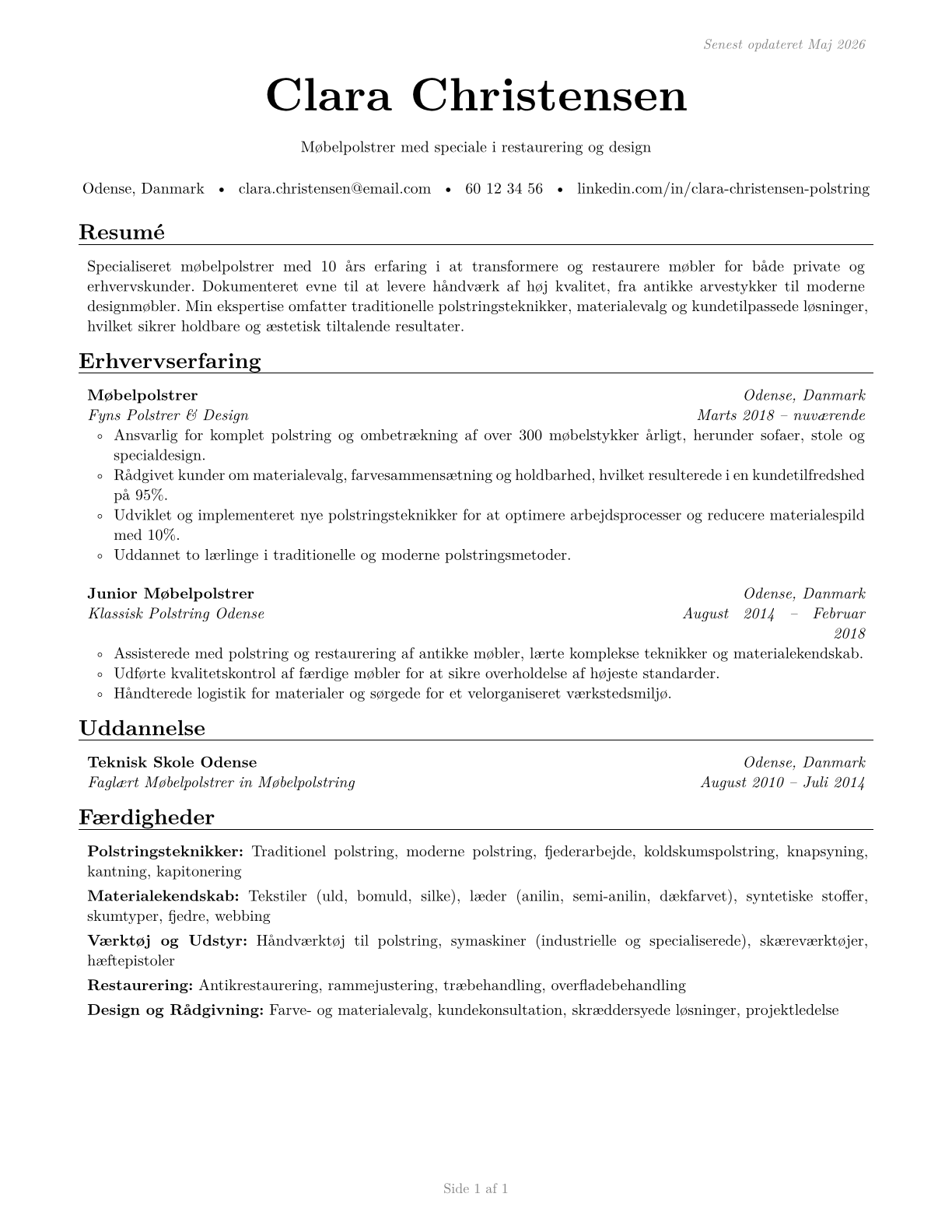 Upholsterers CV in Danish — page 1