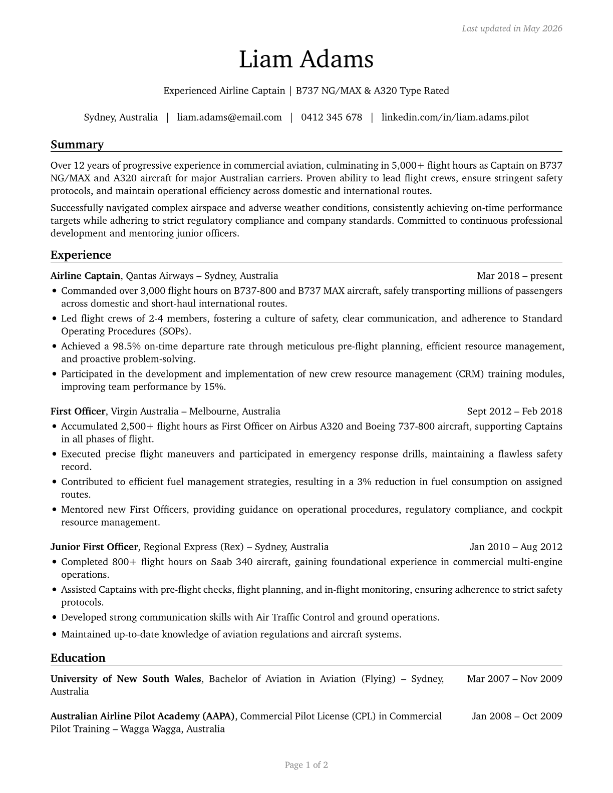 Airline Pilots, Copilots, and Flight Engineers CV in English — page 1
