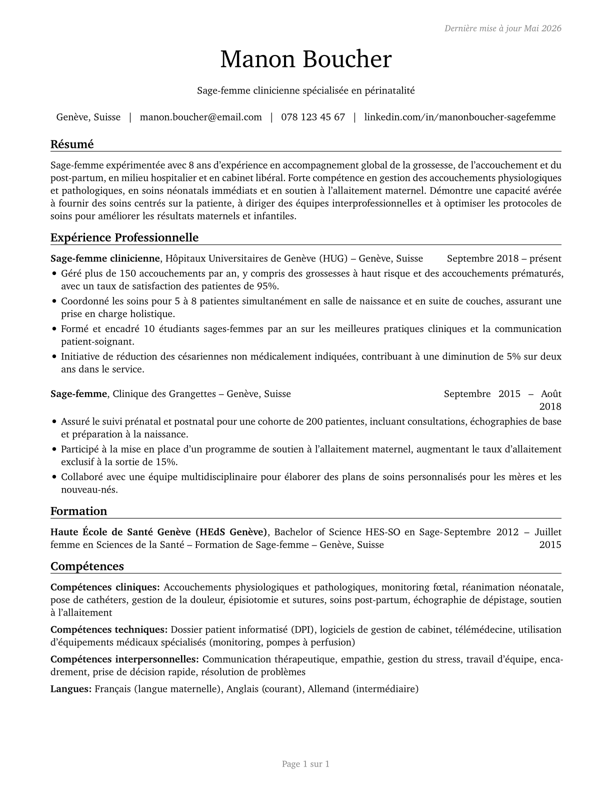 Nurse Midwives CV in French — page 1