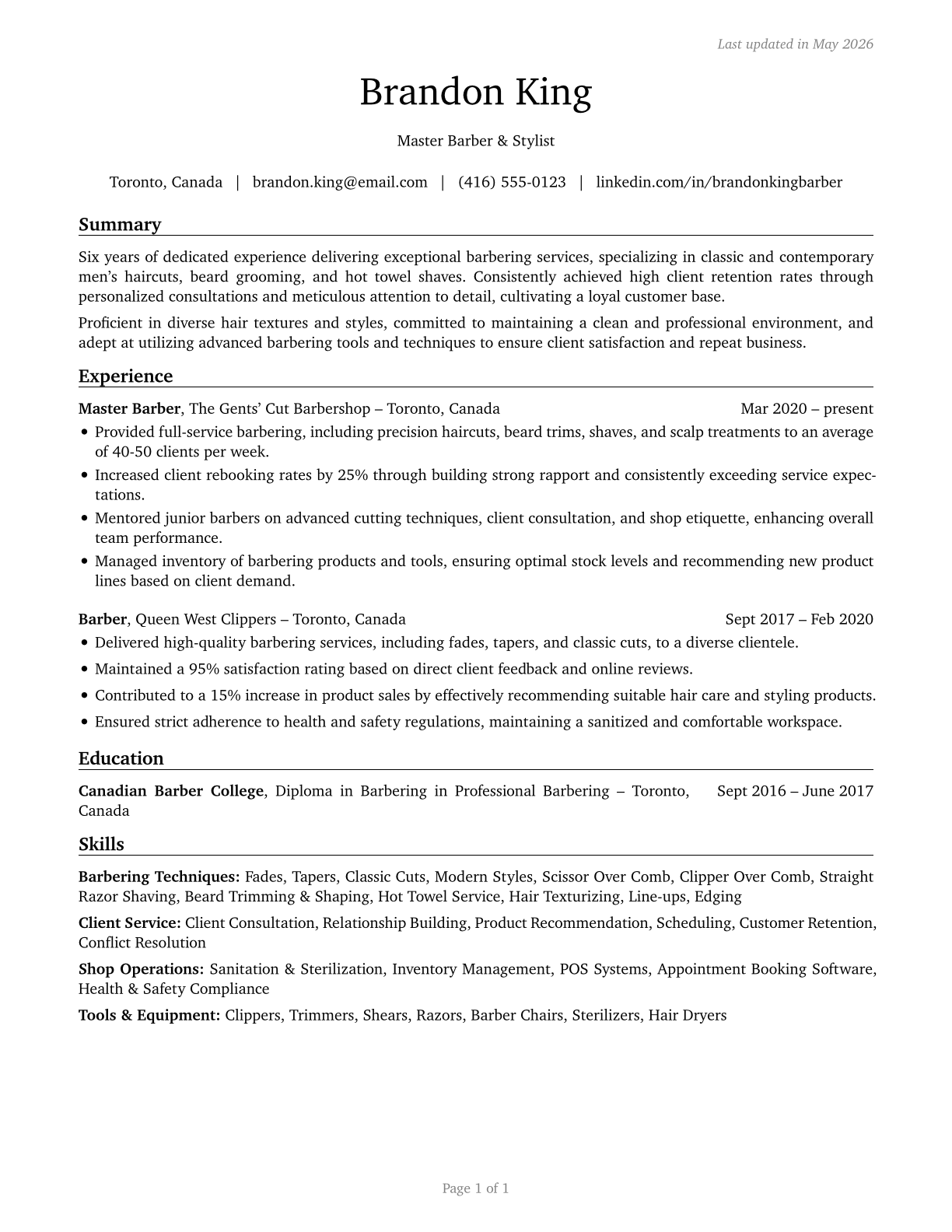 Barbers CV in English — page 1