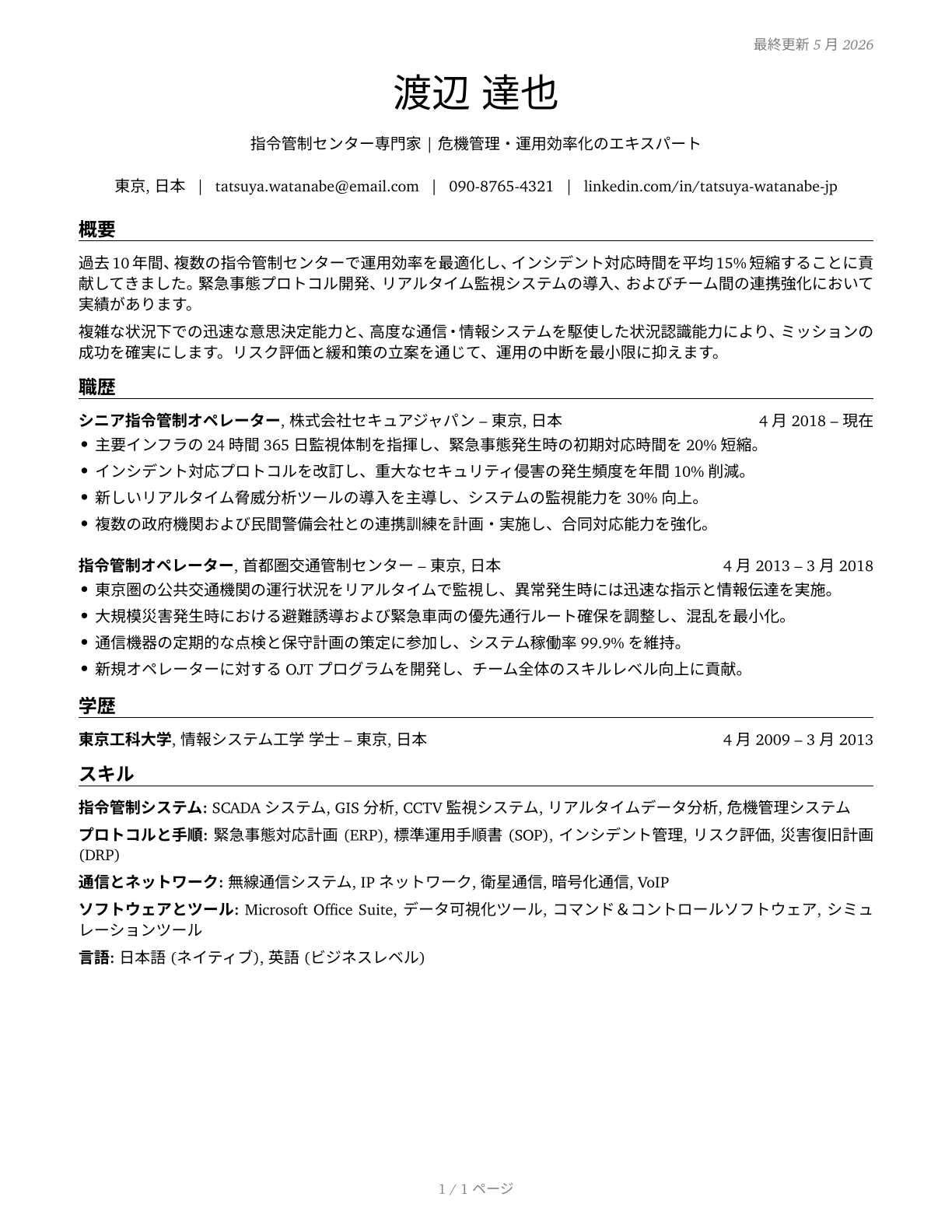 Command and Control Center Specialists CV in Japanese — page 1
