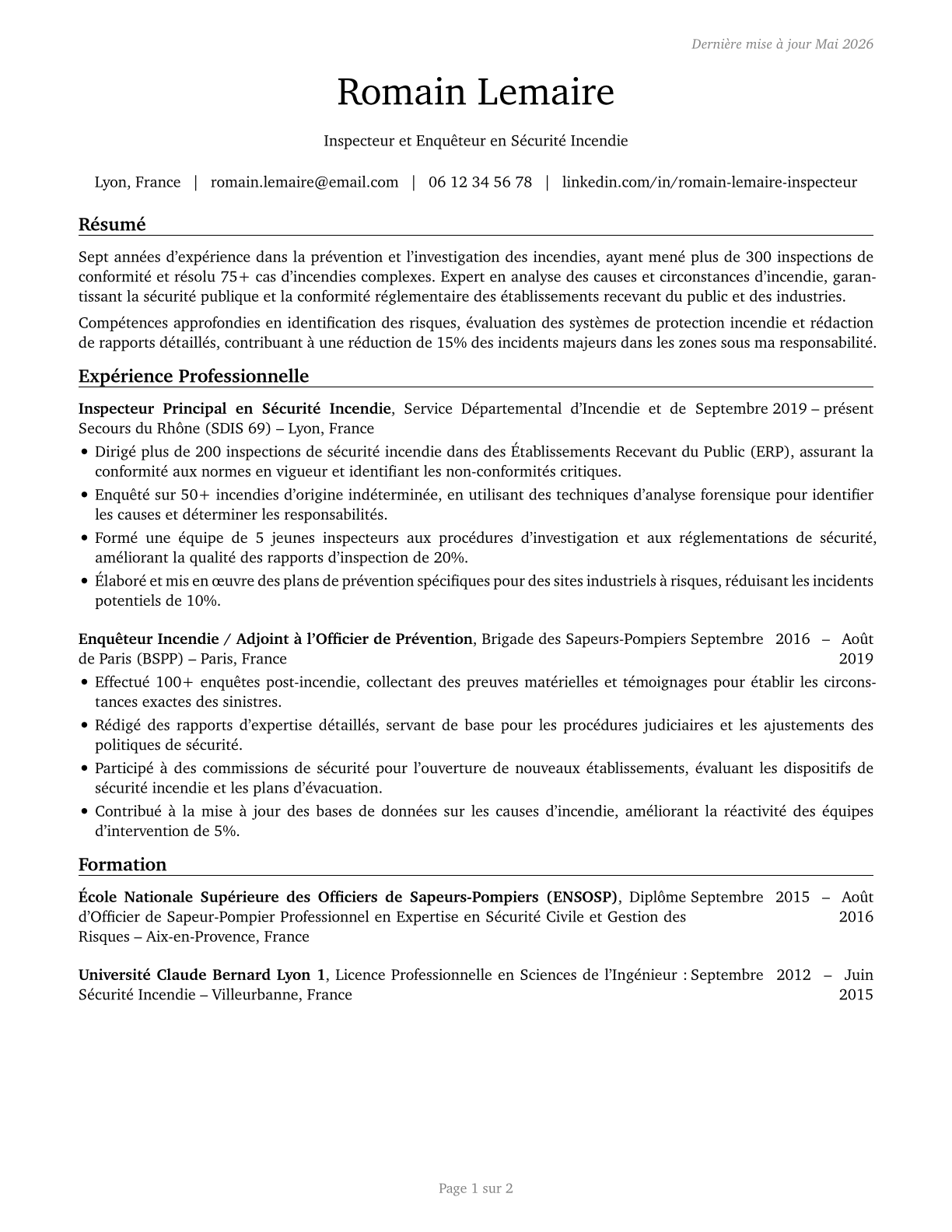 Fire Inspectors and Investigators CV in French — page 1