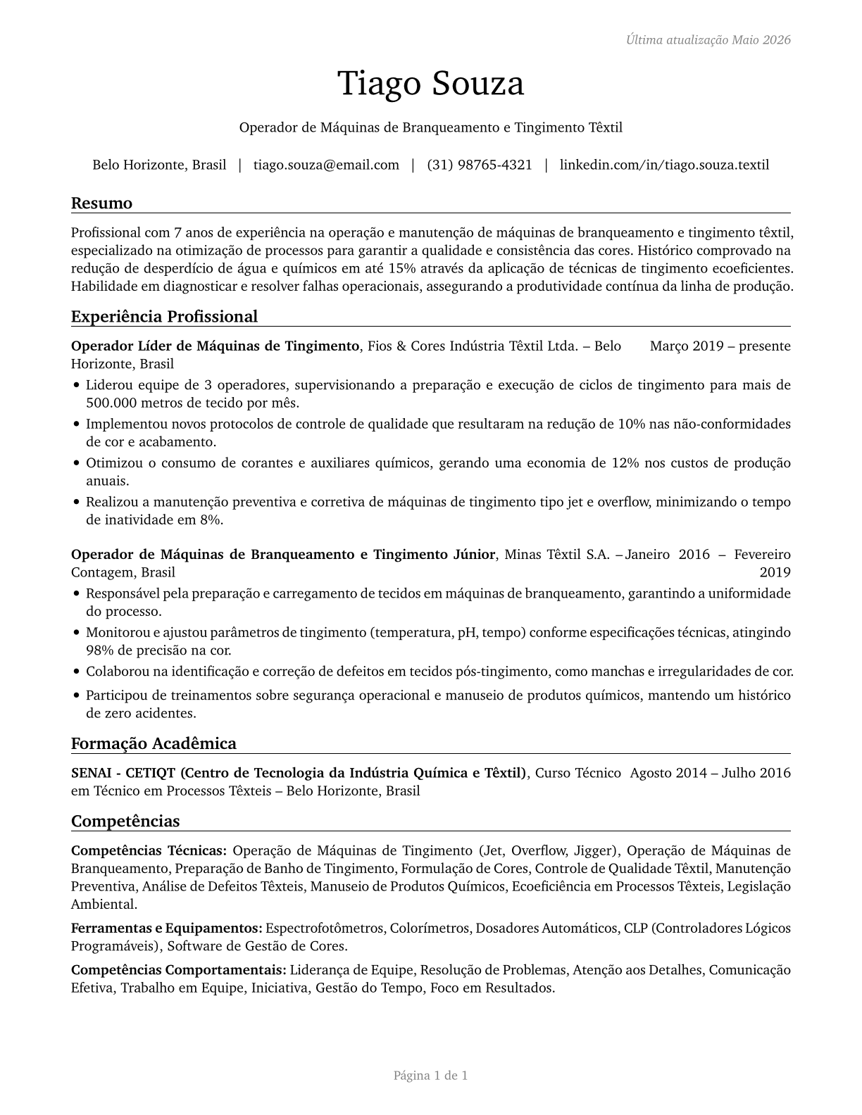 Textile Bleaching and Dyeing Machine Operators and Tenders CV in Portuguese — page 1