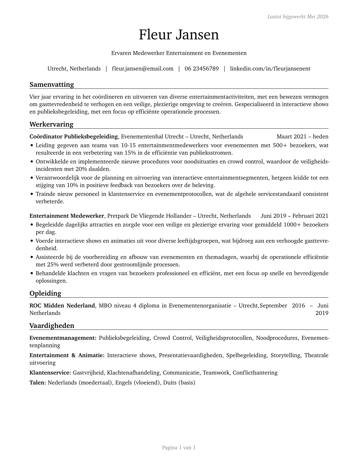 Entertainment Attendants and Related Workers, All Other CV in Dutch — page 1