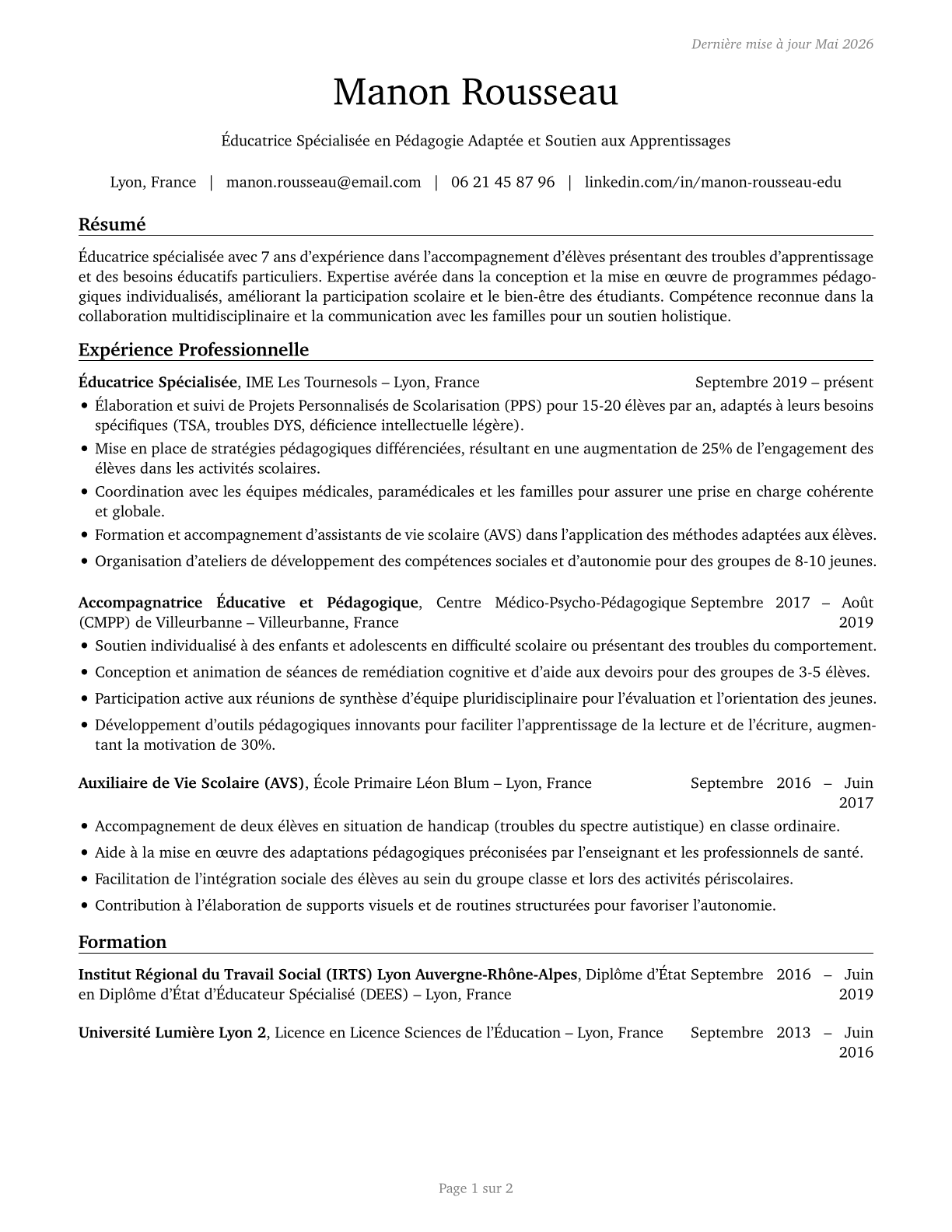 Special Education Teachers, All Other CV in French — page 1