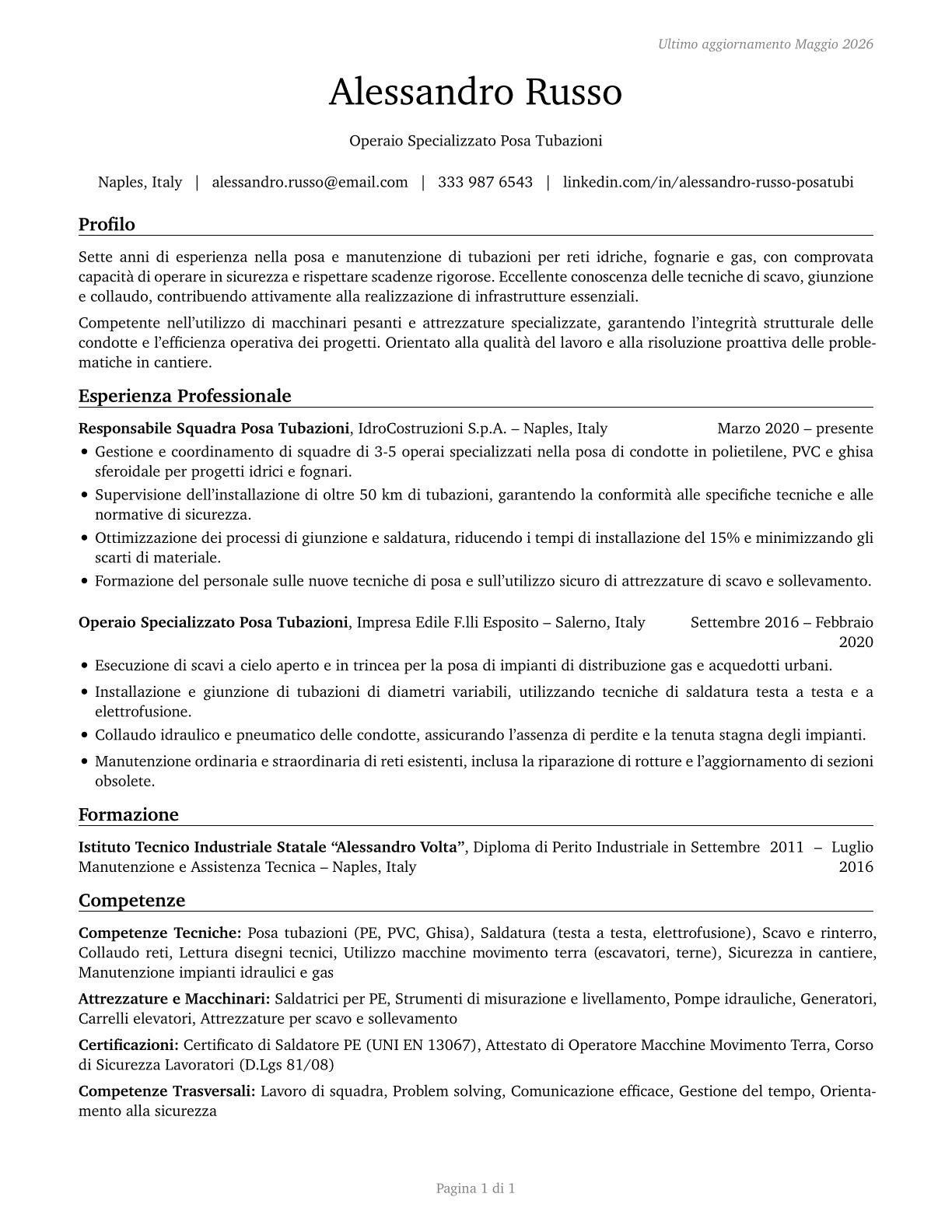 Pipelayers CV in Italian — page 1