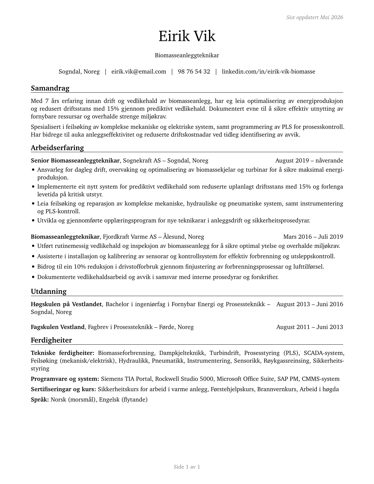 Biomass Plant Technicians CV in Norwegian_nynorsk — page 1