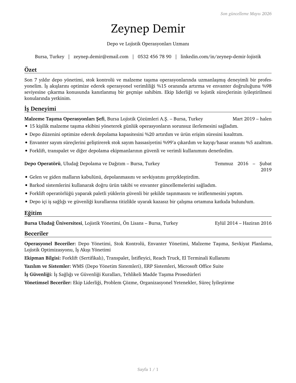 Material Moving Workers, All Other CV in Turkish — page 1