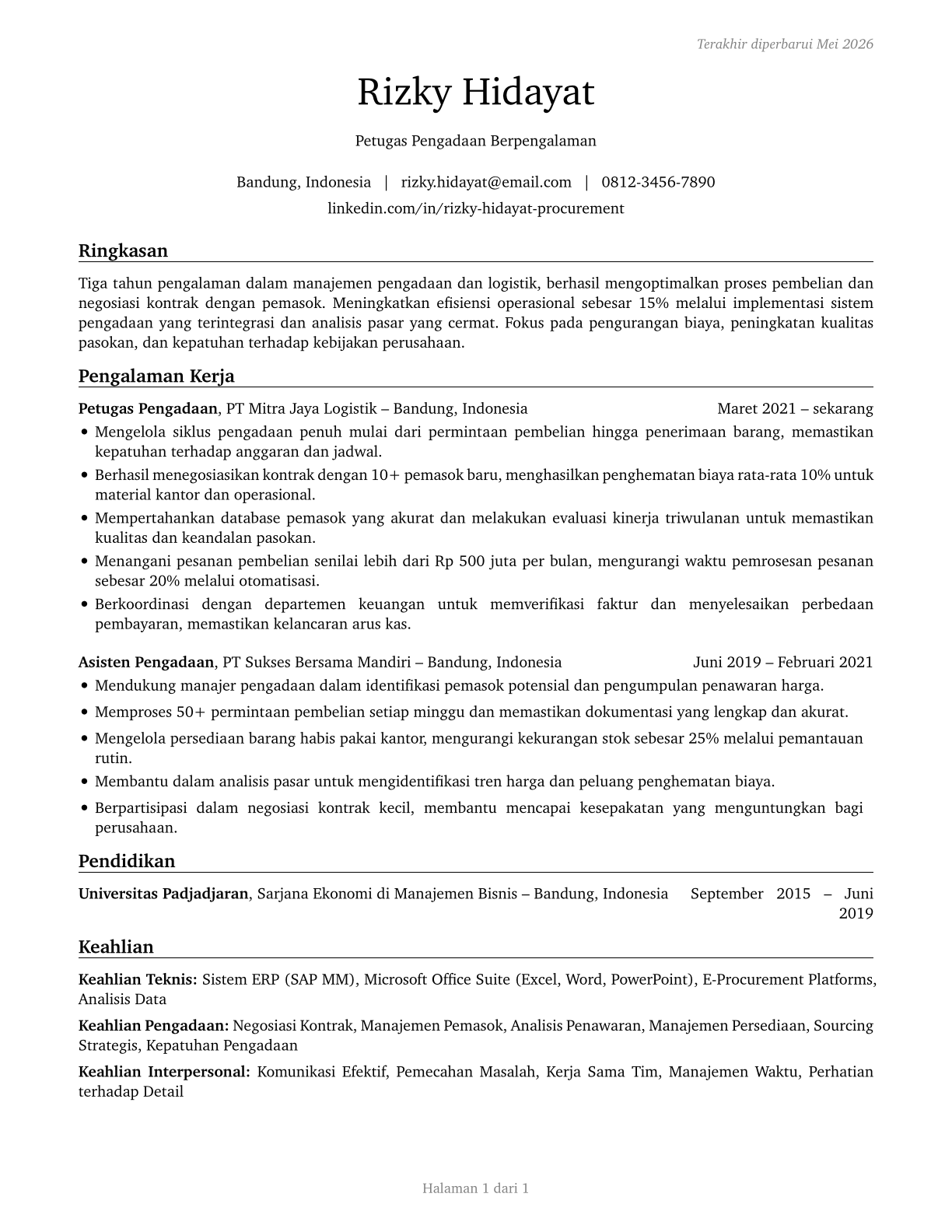 Procurement Clerks CV in Indonesian — page 1