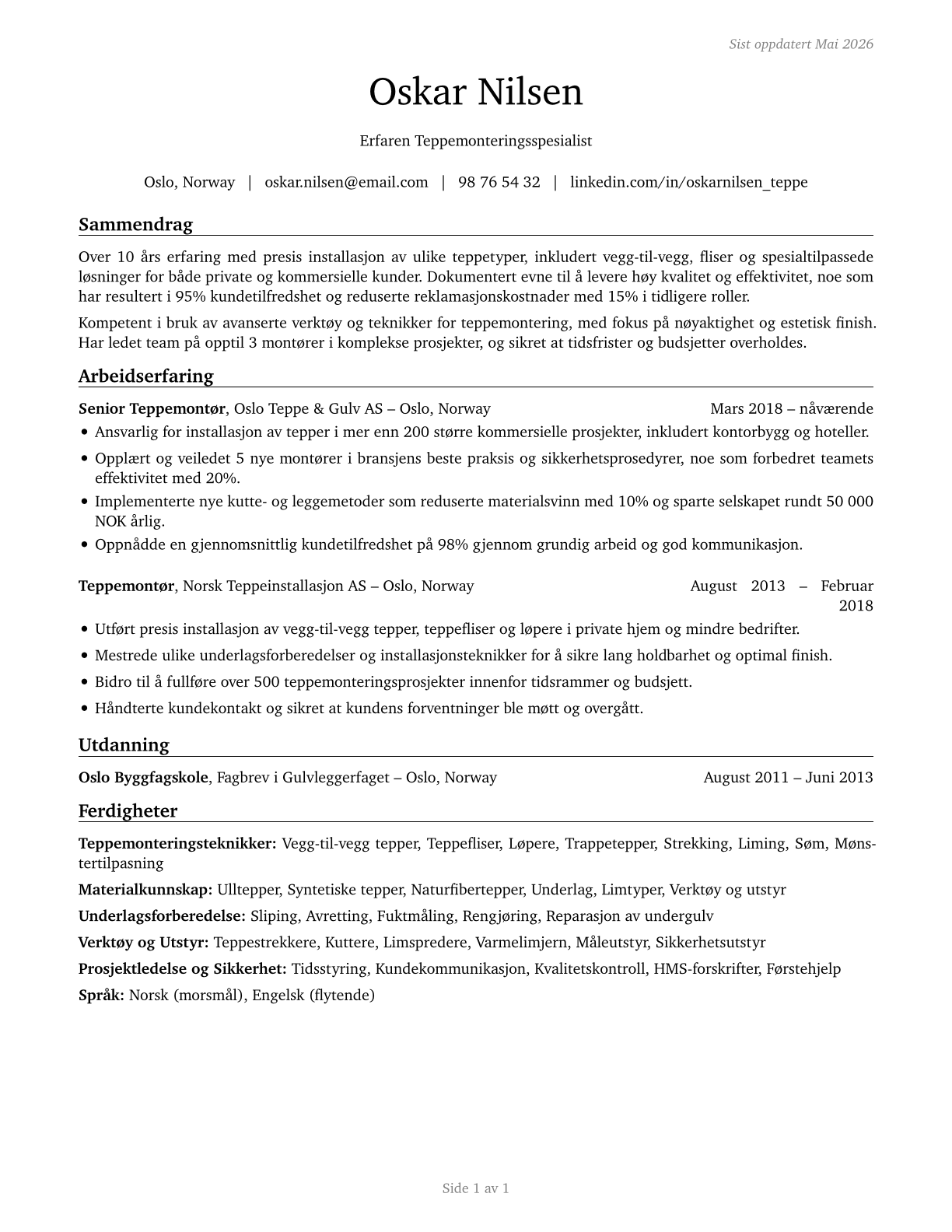 Carpet Installers CV in Norwegian_bokmal — page 1