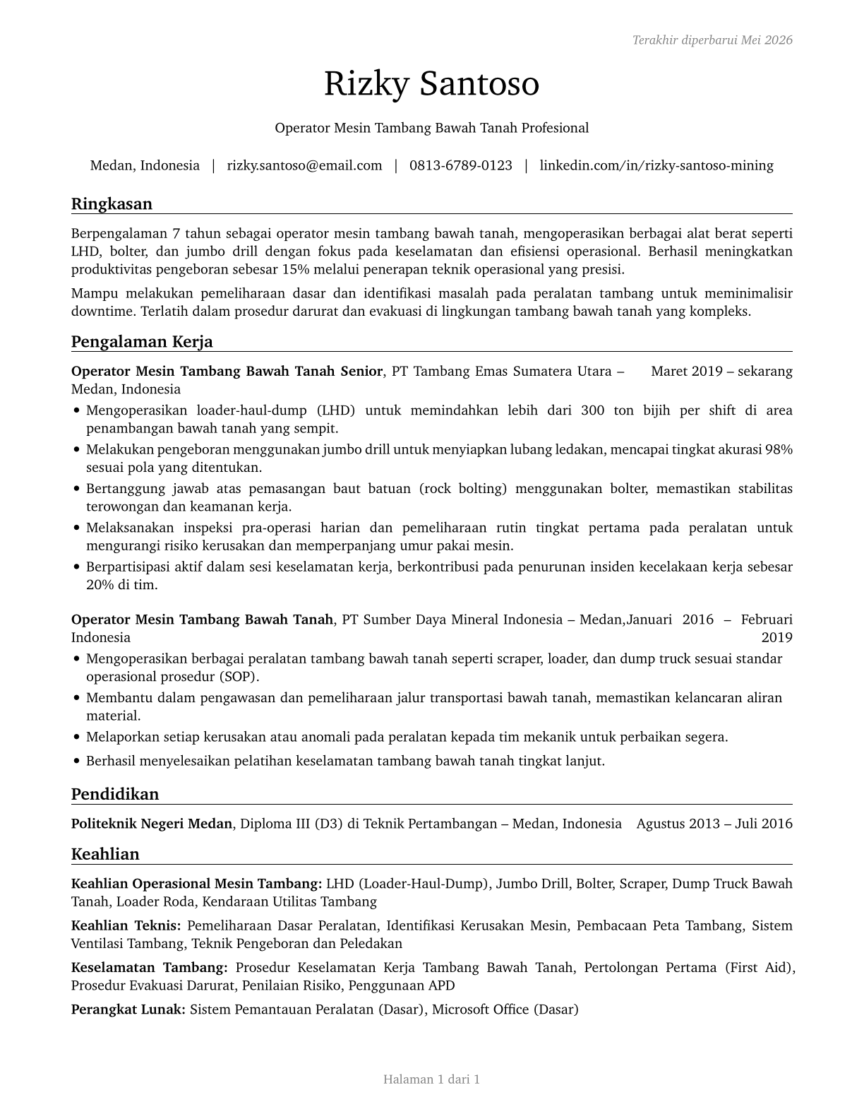 Underground Mining Machine Operators, All Other CV in Indonesian — page 1