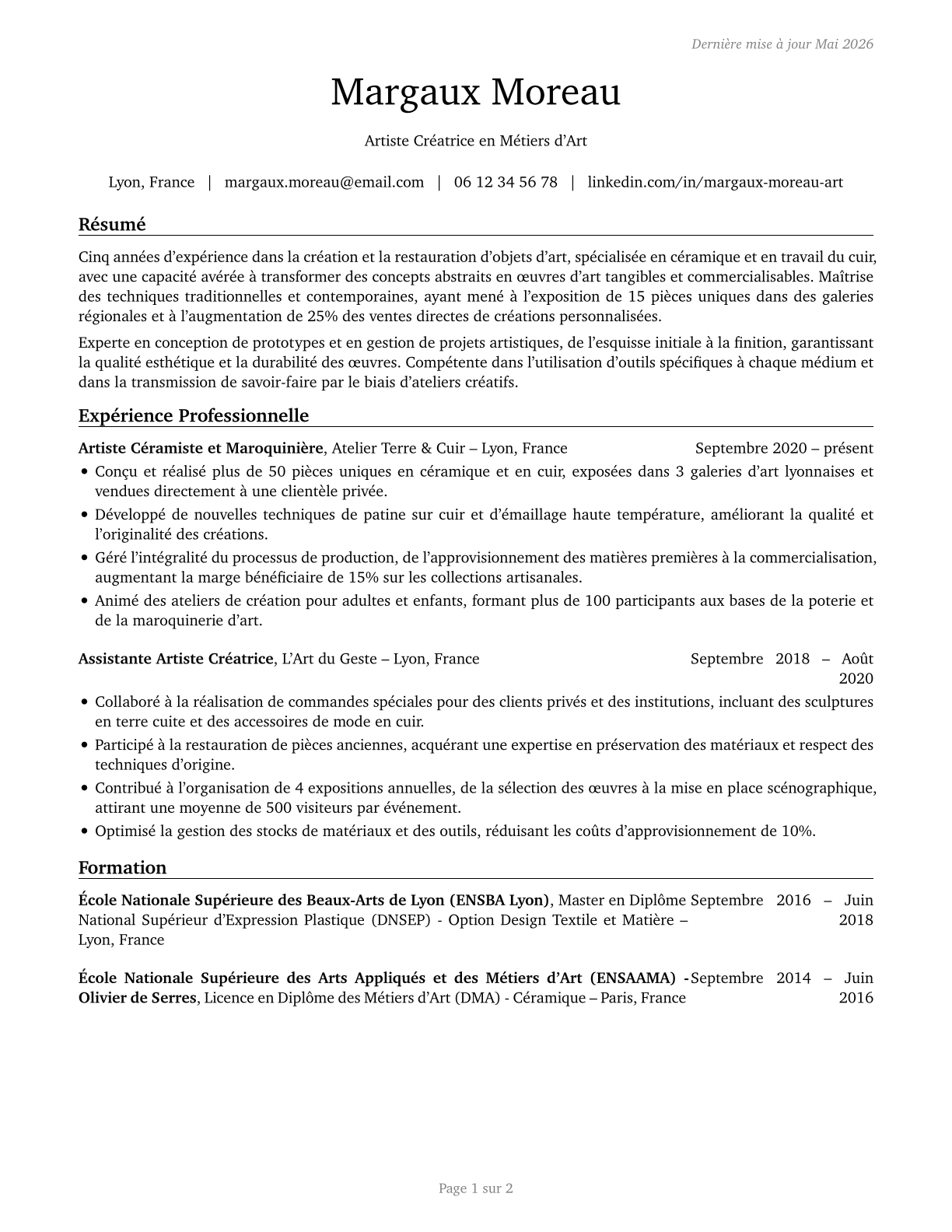 Craft Artists CV in French — page 1