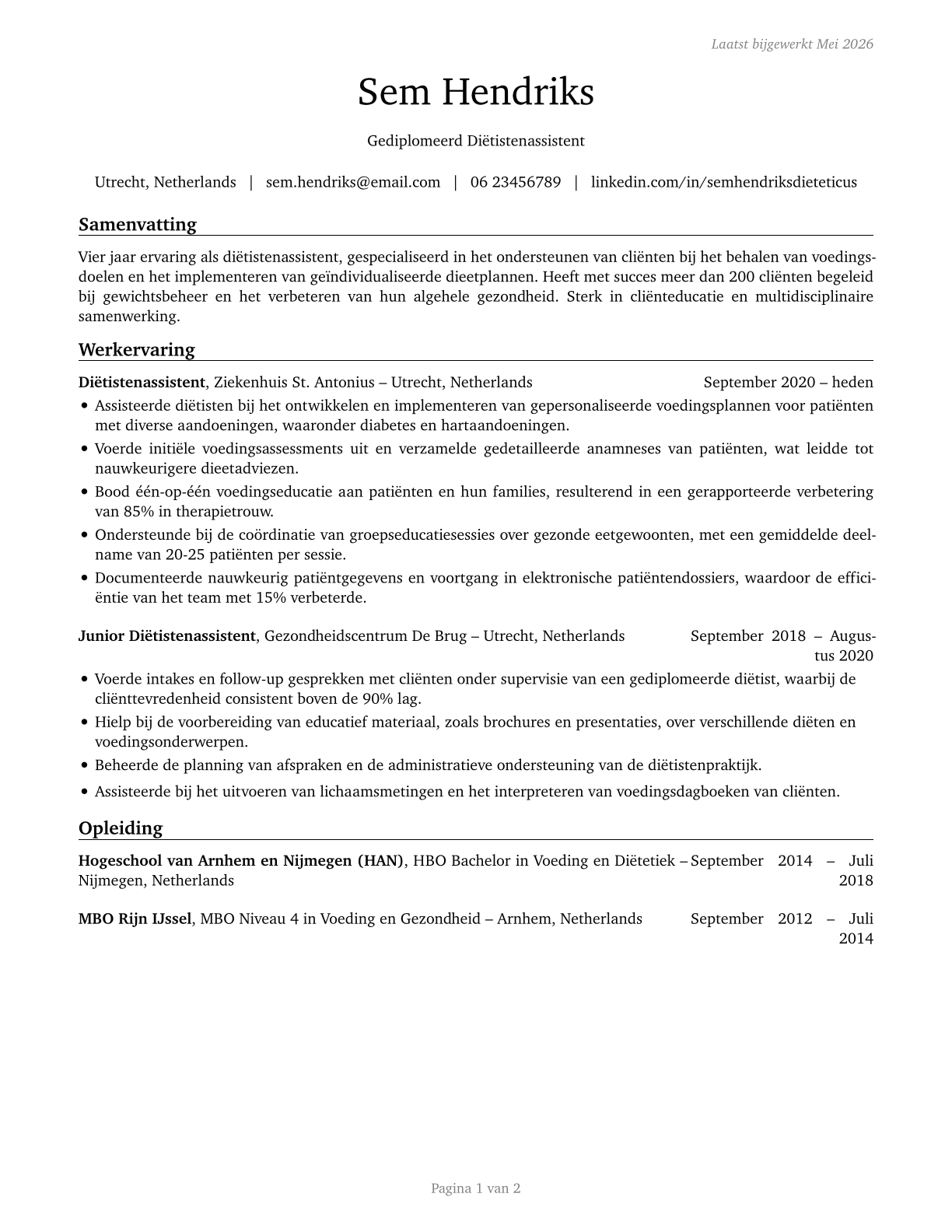 Dietetic Technicians CV in Dutch — page 1