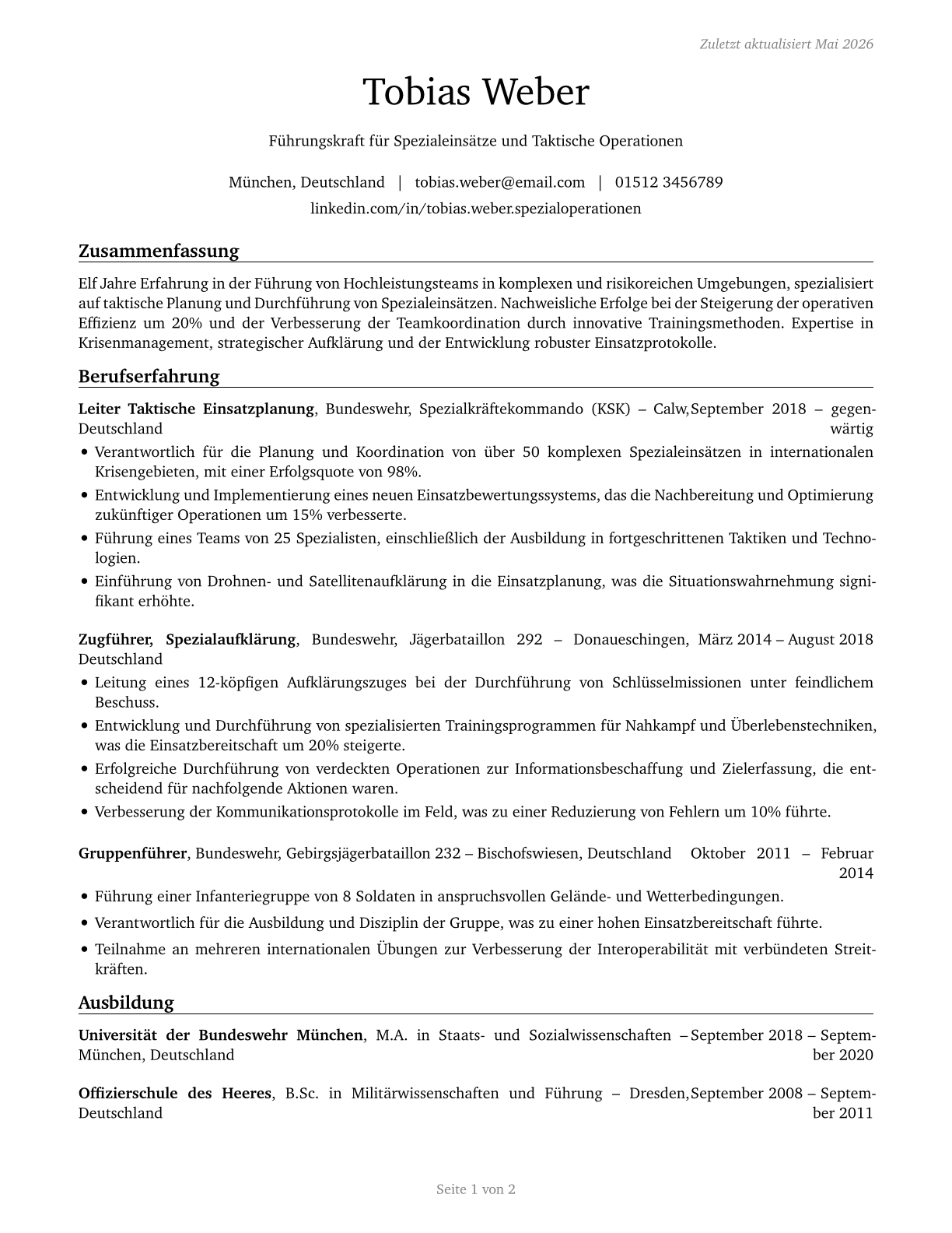 Military Officer Special and Tactical Operations Leaders, All Other CV in German — page 1