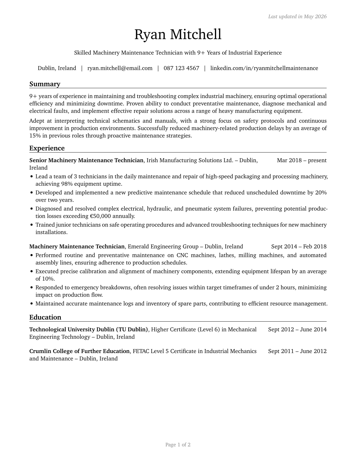 Maintenance Workers, Machinery CV in English — page 1