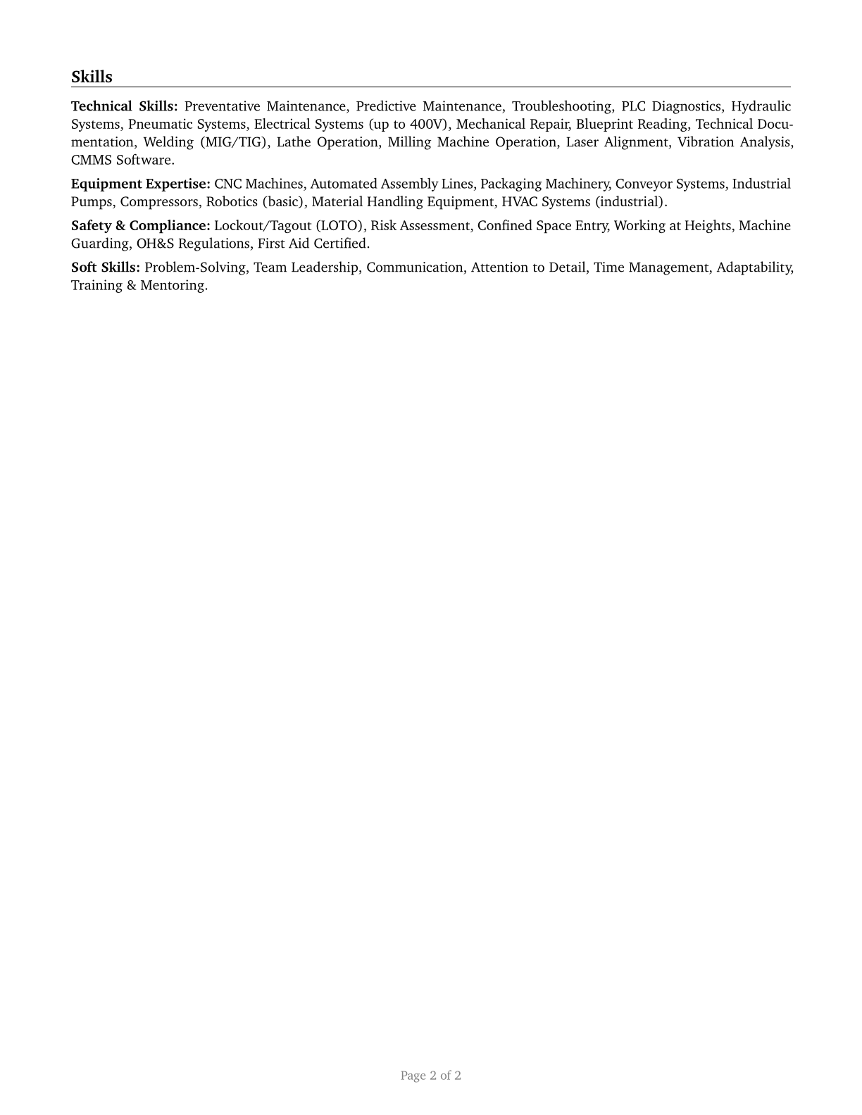 Maintenance Workers, Machinery CV in English — page 2