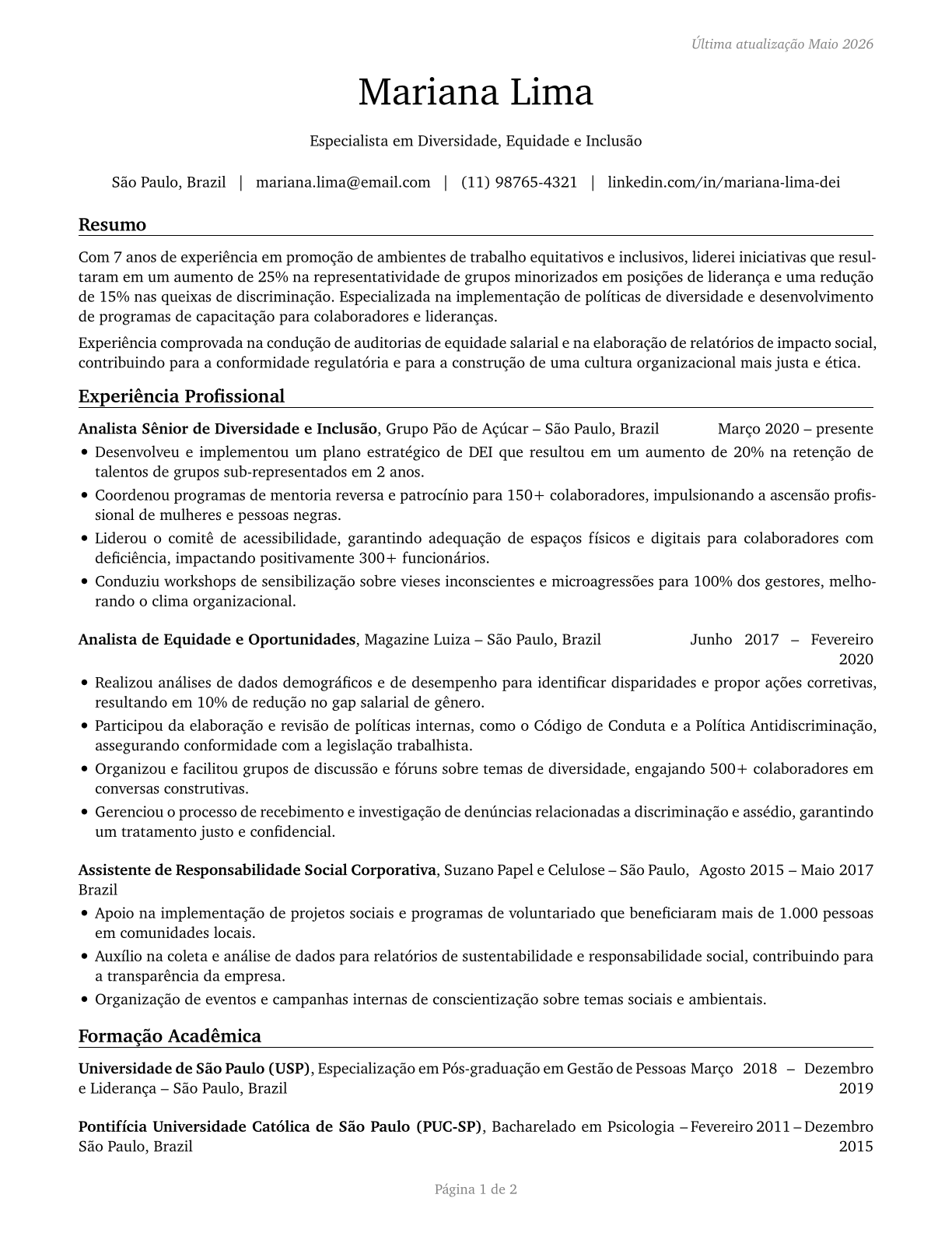 Equal Opportunity Representatives and Officers CV in Portuguese — page 1