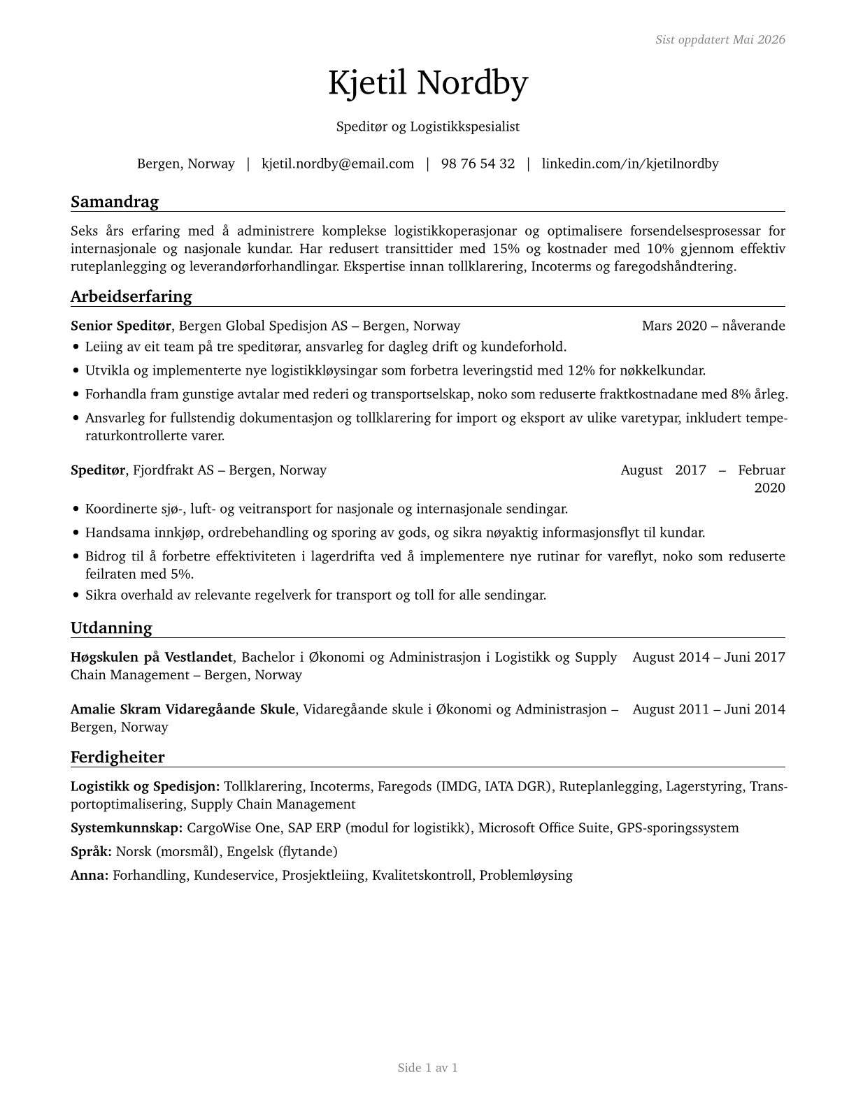 Cargo and Freight Agents CV in Norwegian_nynorsk — page 1