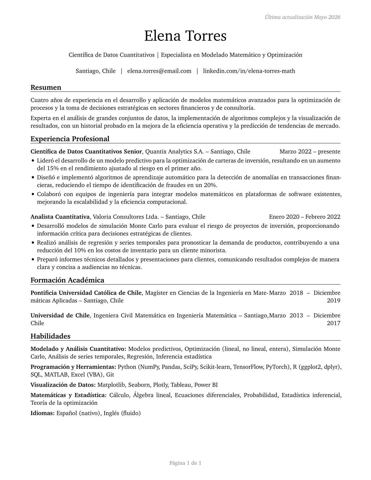 Mathematical Science Occupations, All Other CV in Spanish — page 1