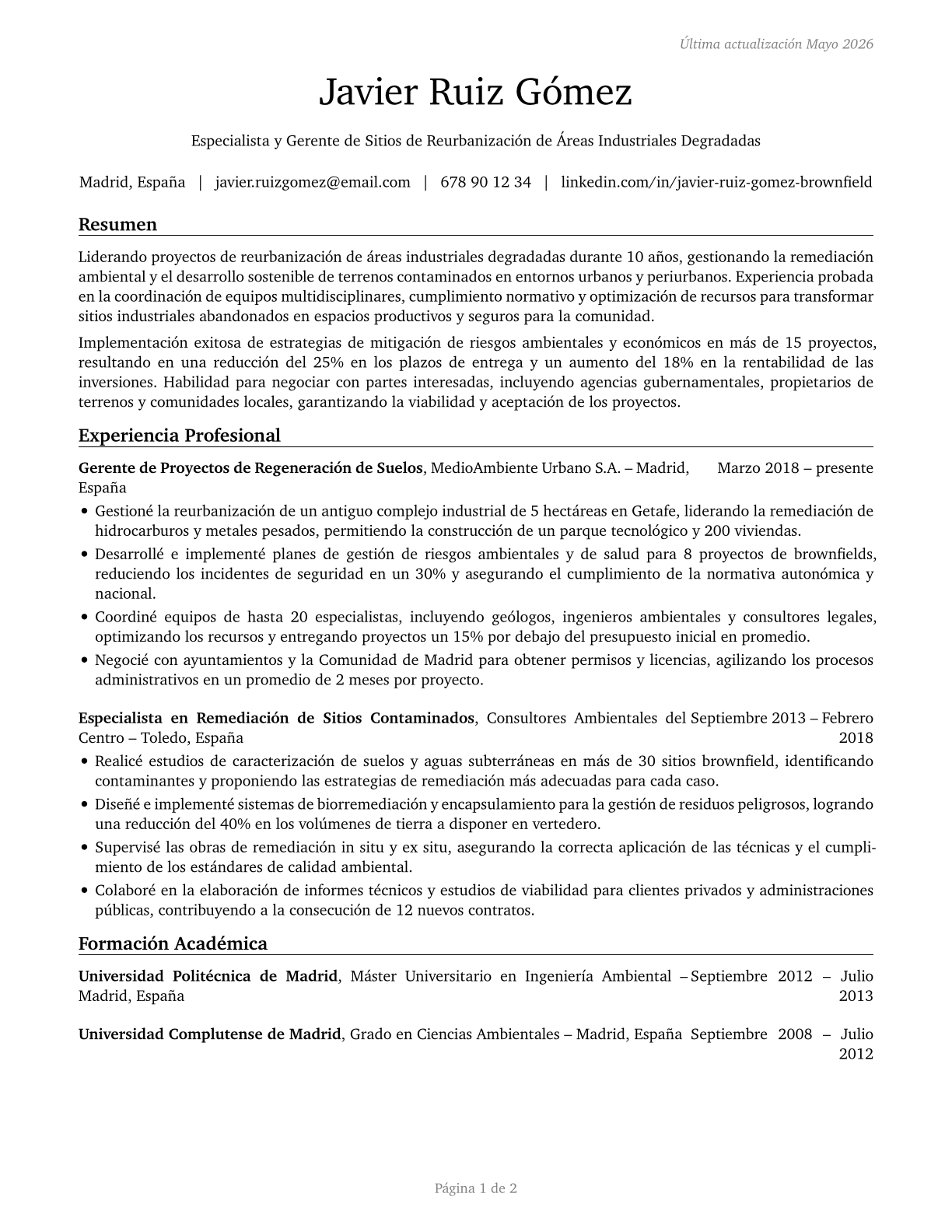 Brownfield Redevelopment Specialists and Site Managers CV in Spanish — page 1