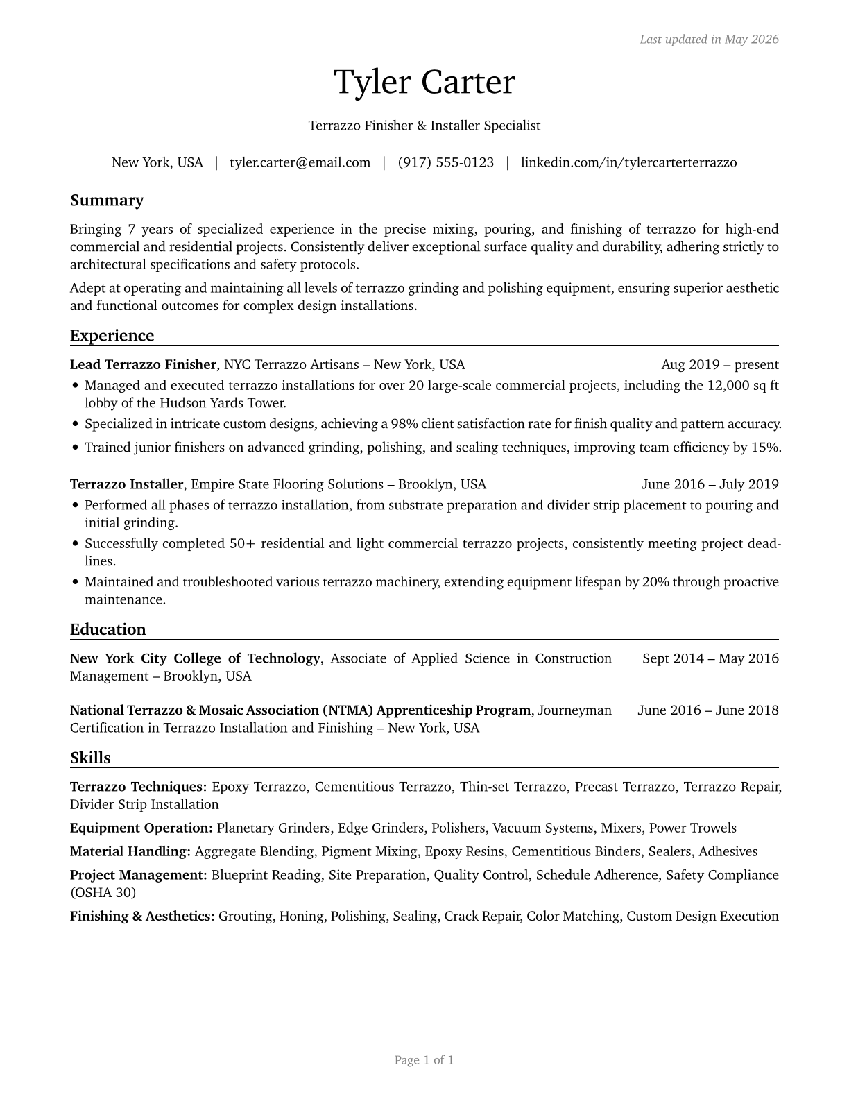 Terrazzo Workers and Finishers CV in English — page 1