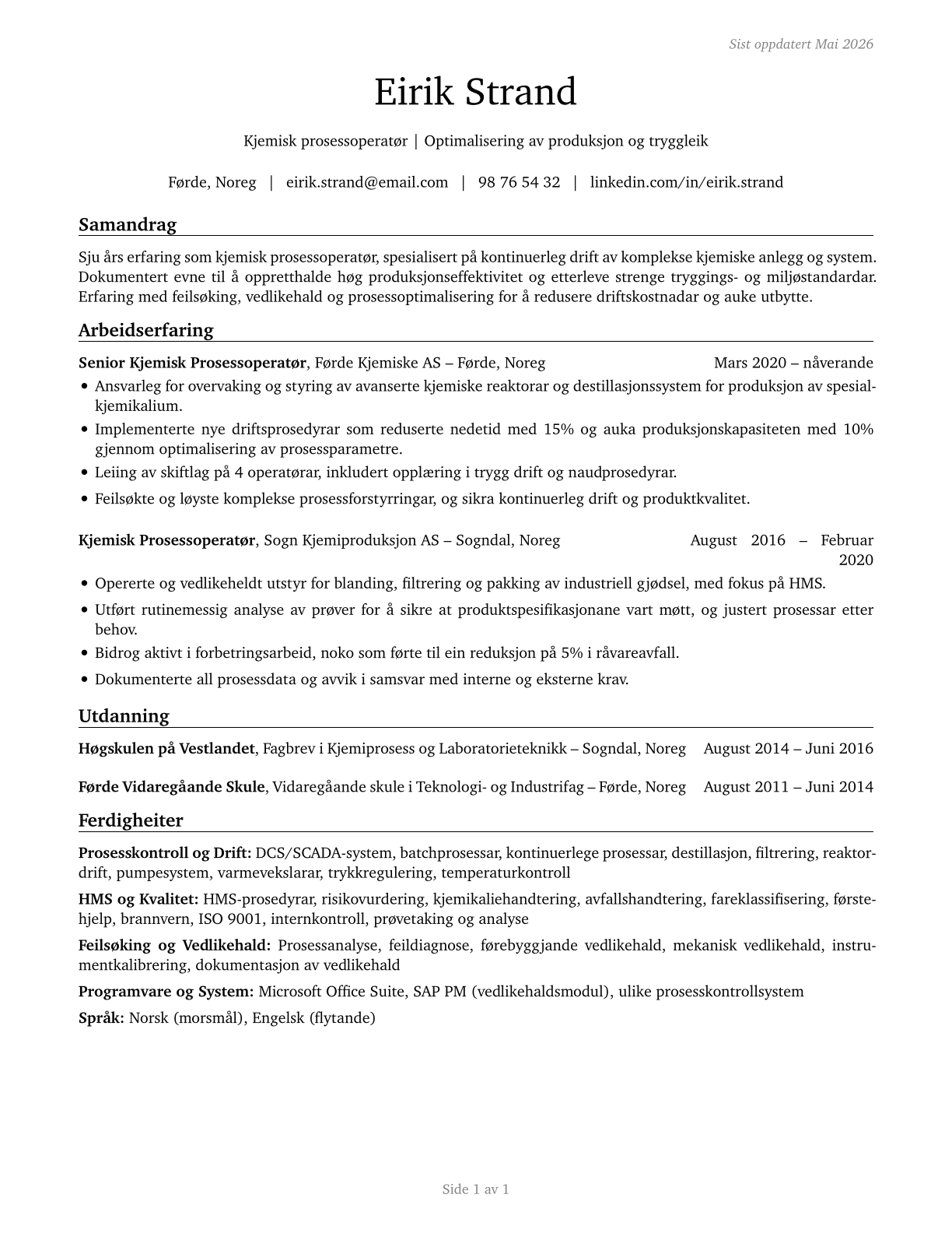 Chemical Plant and System Operators CV in Norwegian_nynorsk — page 1