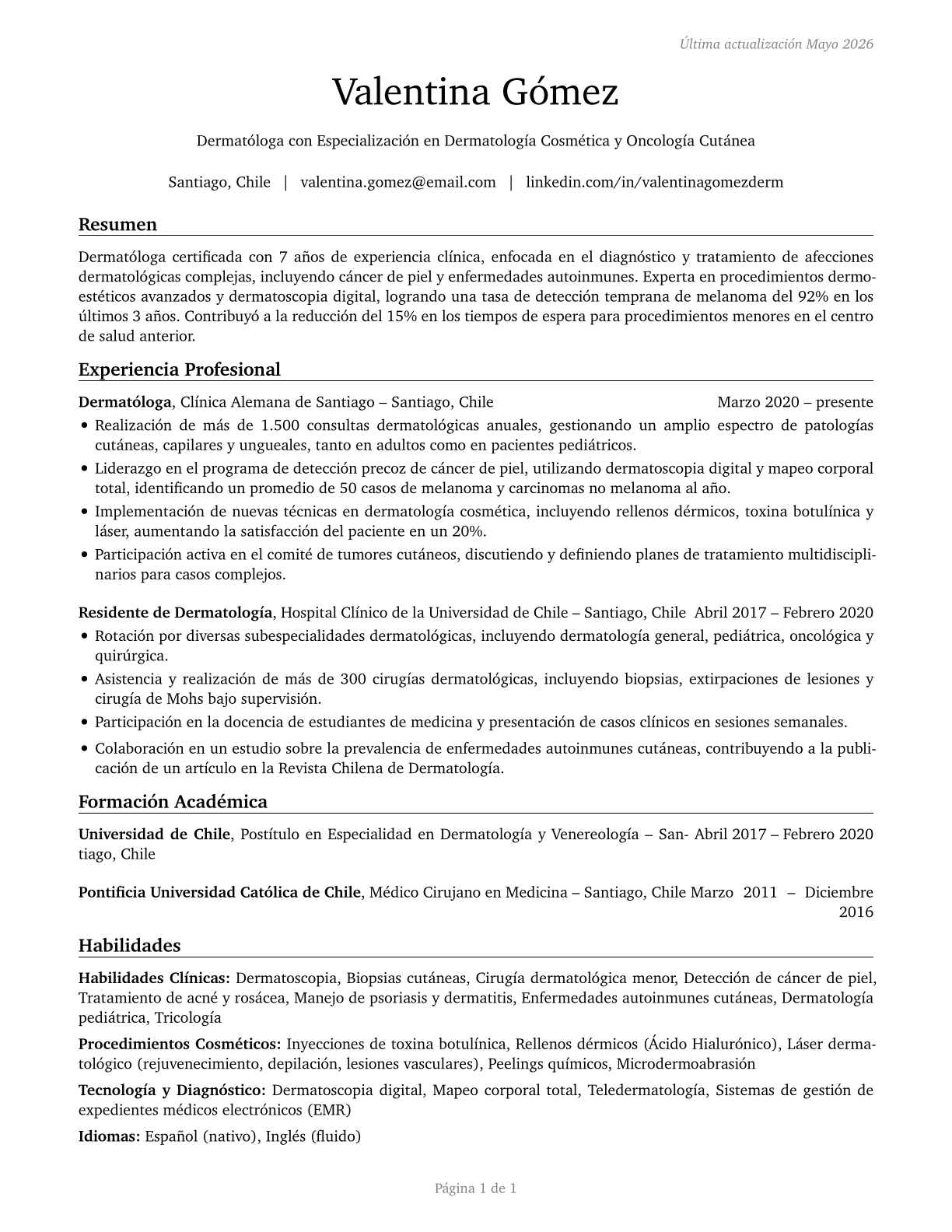Dermatologists CV in Spanish — page 1