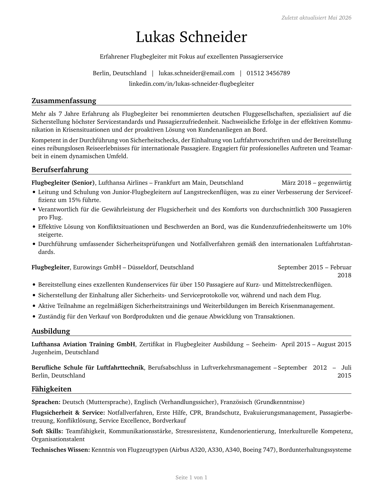 Aircraft Service Attendants CV in German — page 1