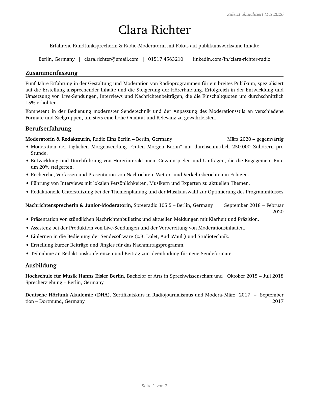 Broadcast Announcers and Radio Disc Jockeys CV in German — page 1
