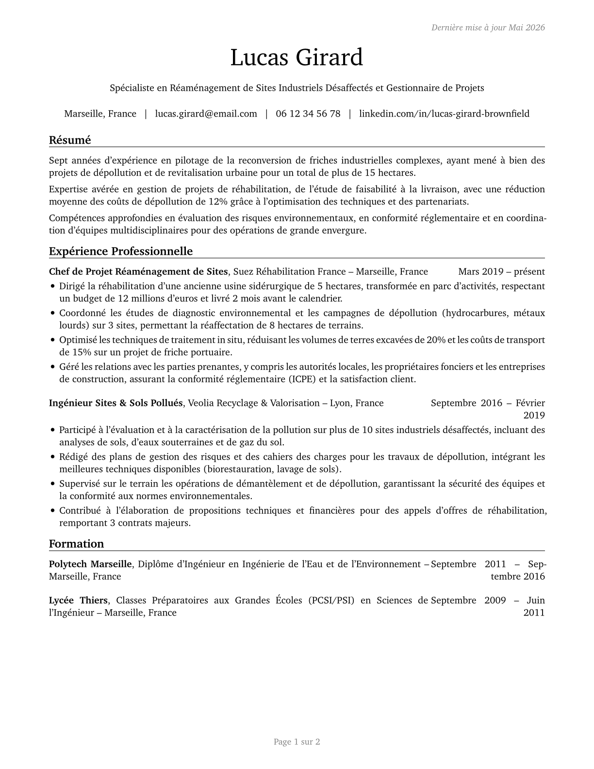 Brownfield Redevelopment Specialists and Site Managers CV in French — page 1