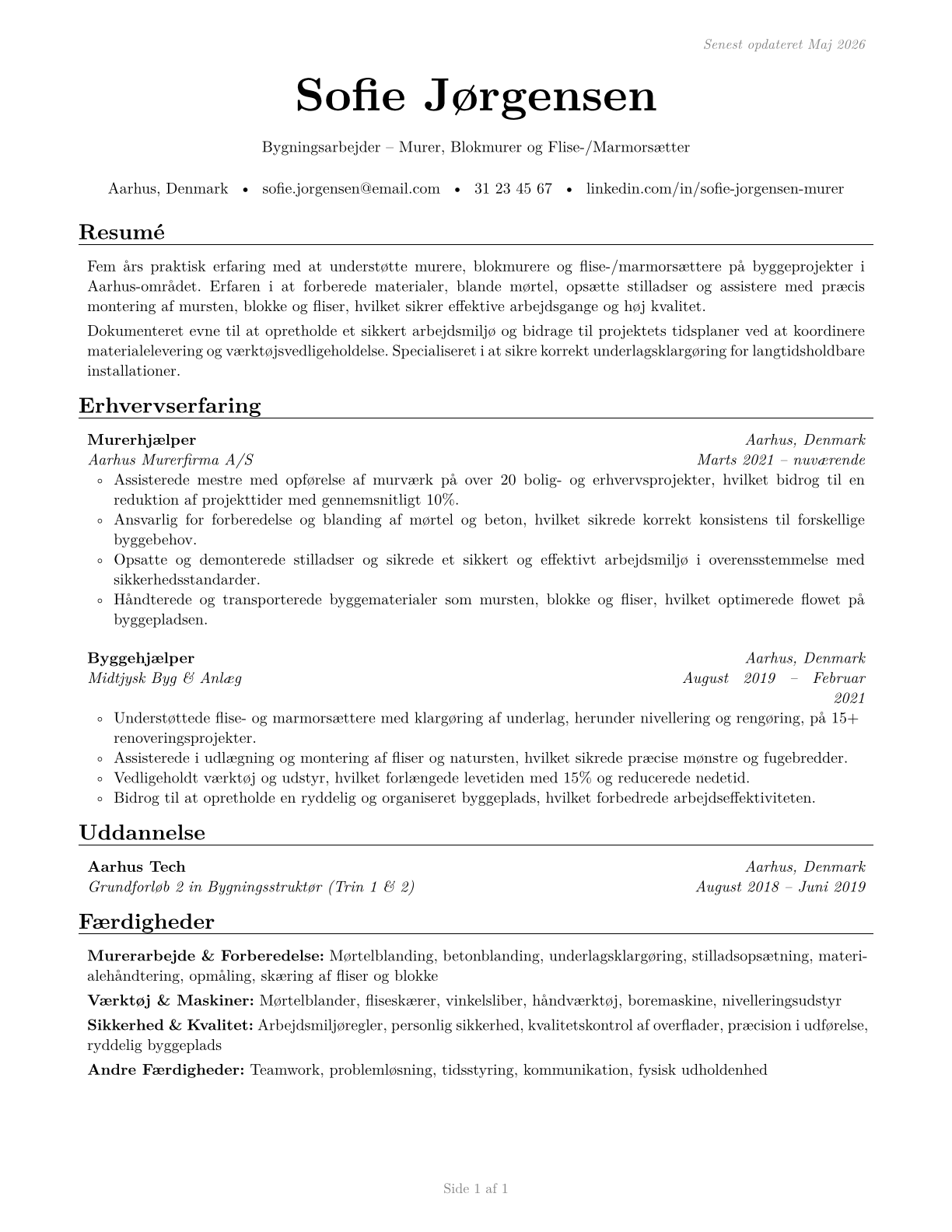 Helpers--Brickmasons, Blockmasons, Stonemasons, and Tile and Marble Setters CV in Danish — page 1