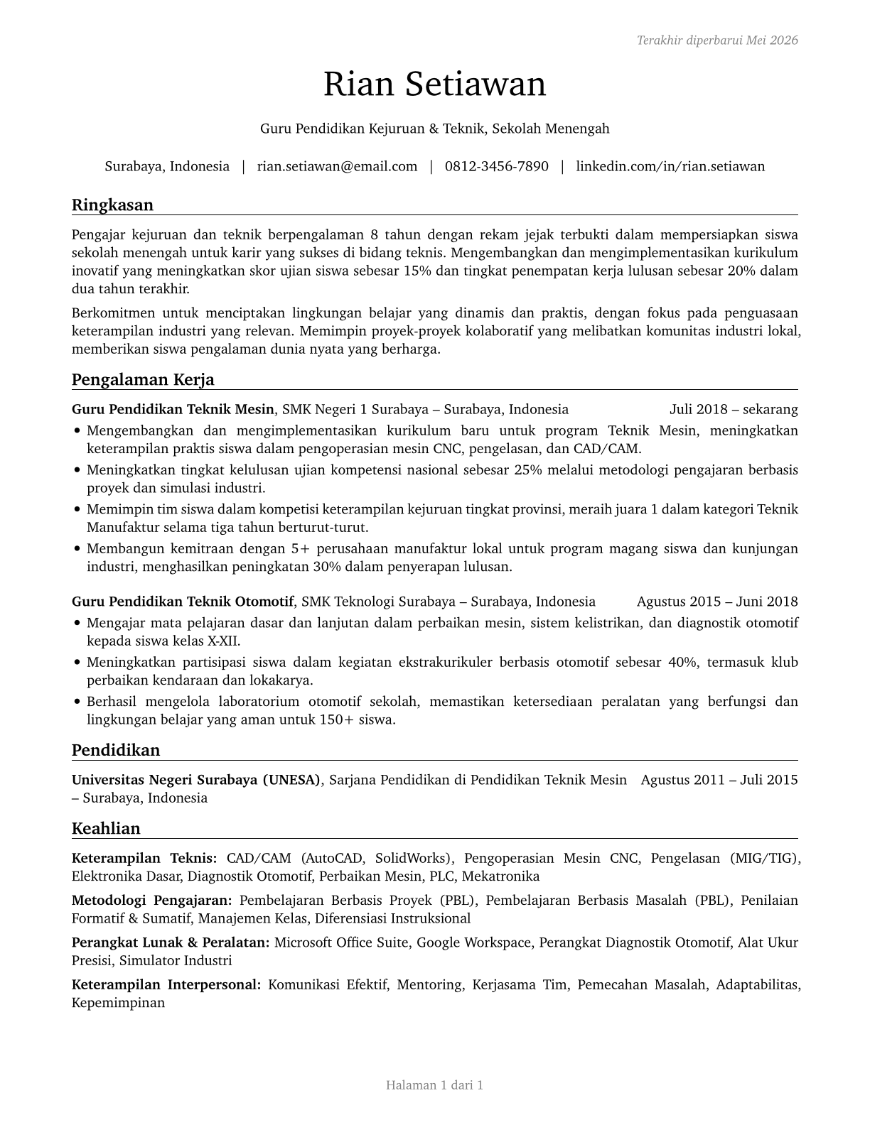 Career/Technical Education Teachers, Secondary School CV in Indonesian — page 1