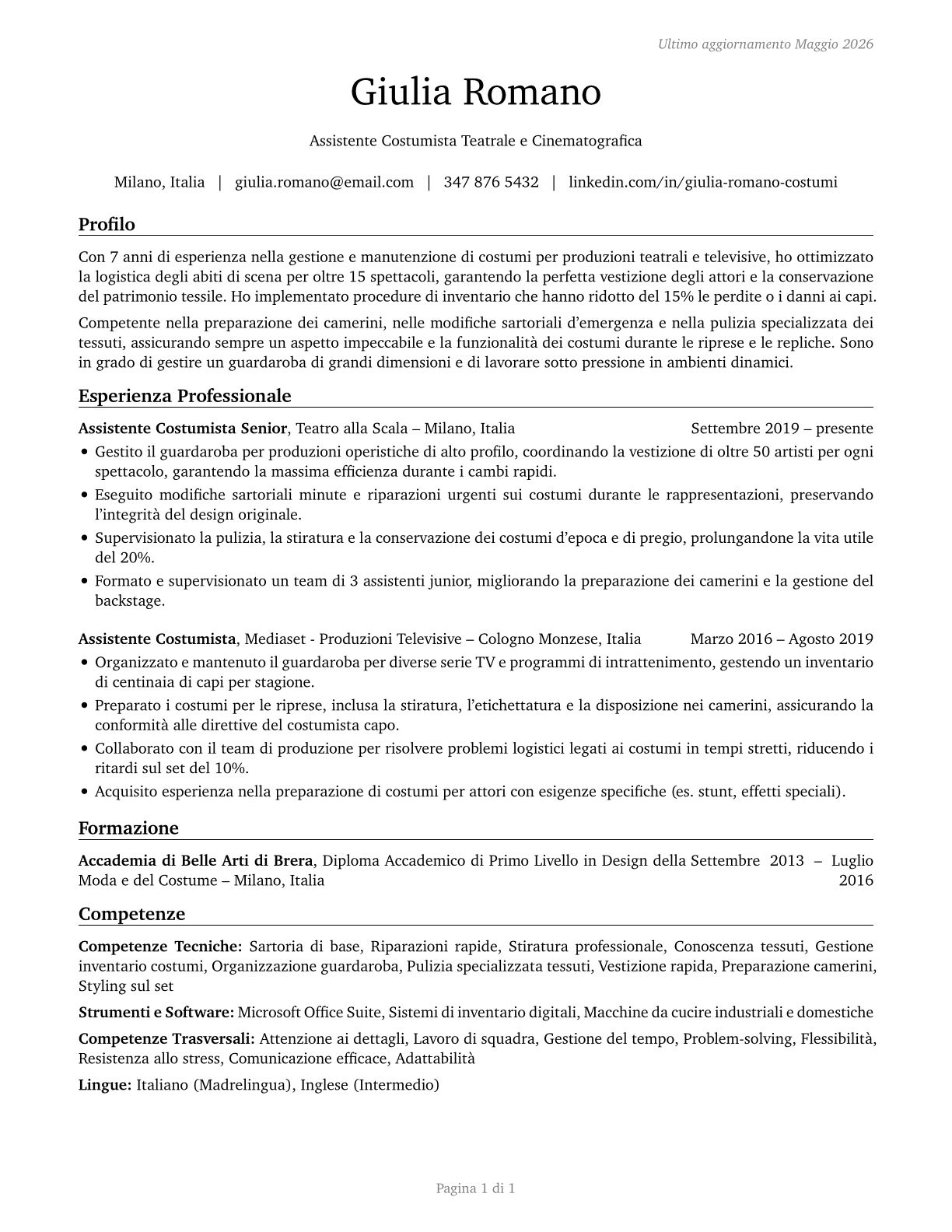 Costume Attendants CV in Italian — page 1